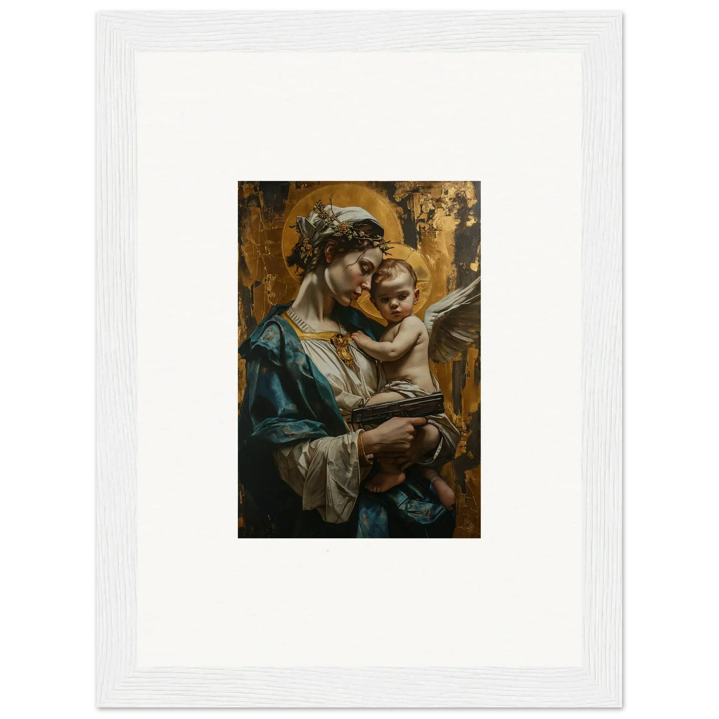 Framed canvas print of a woman and child embracing, perfect for room decoration in Velveteen Church