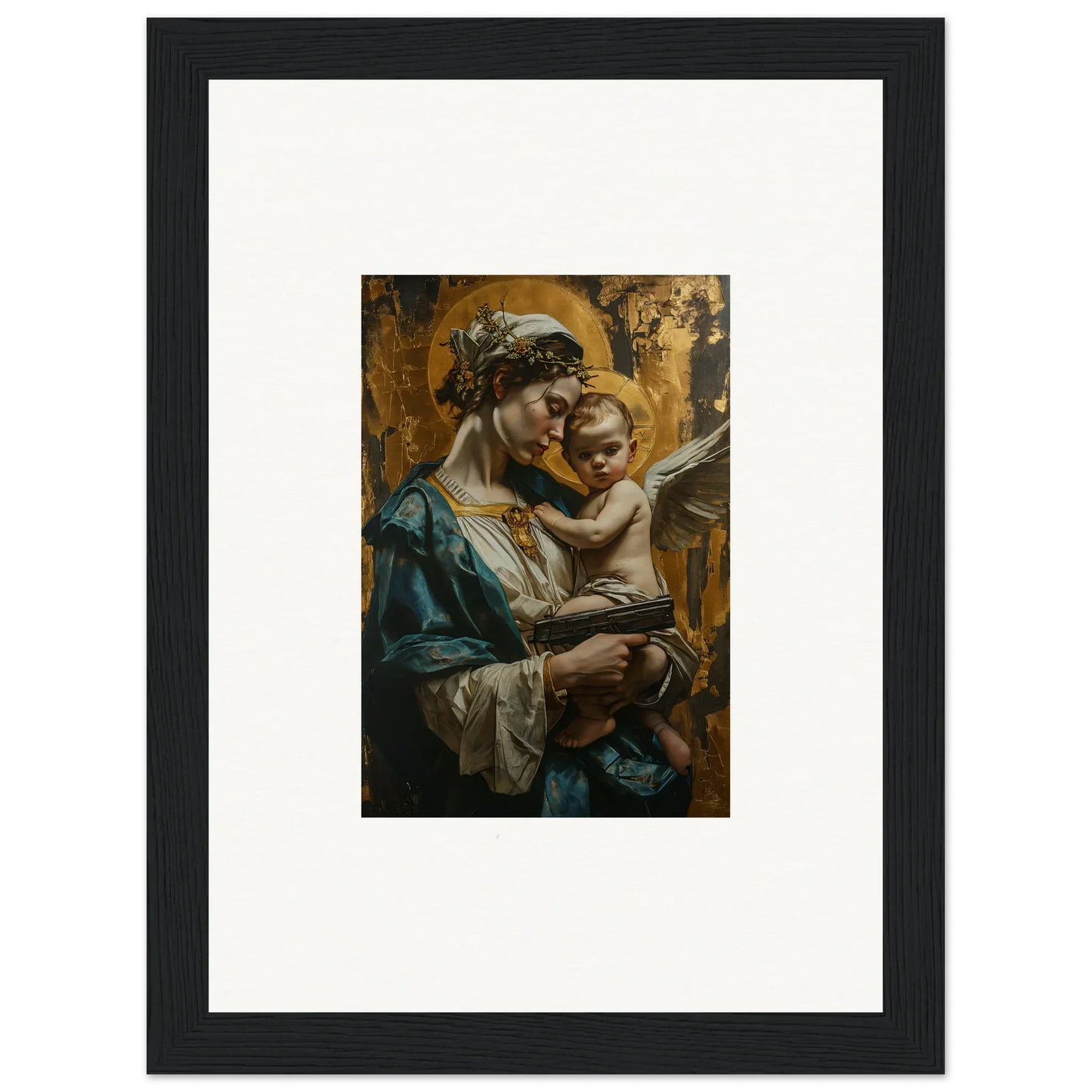 Framed canvas print of a tender woman-child embrace for your Velveteen Church room decoration