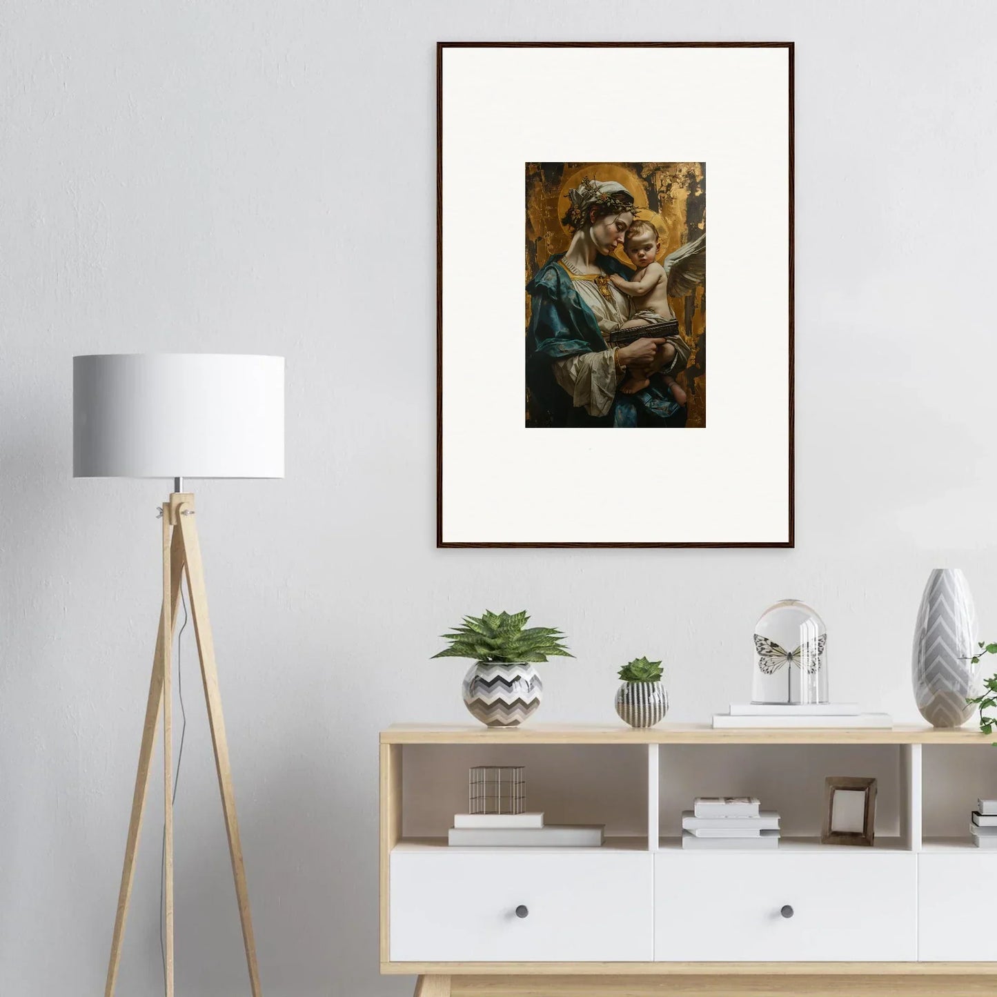 Framed pug portrait in blue outfit, perfect for velveteen church room decoration