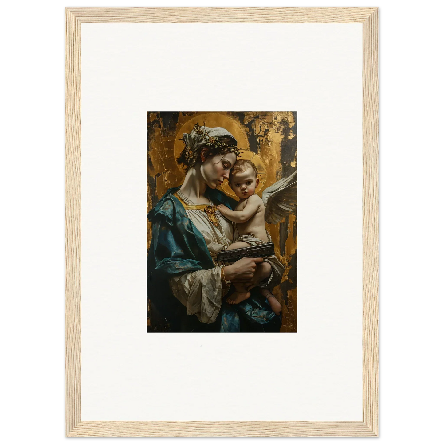 Framed canvas print of a woman holding a child, perfect for Velveteen Church room decoration
