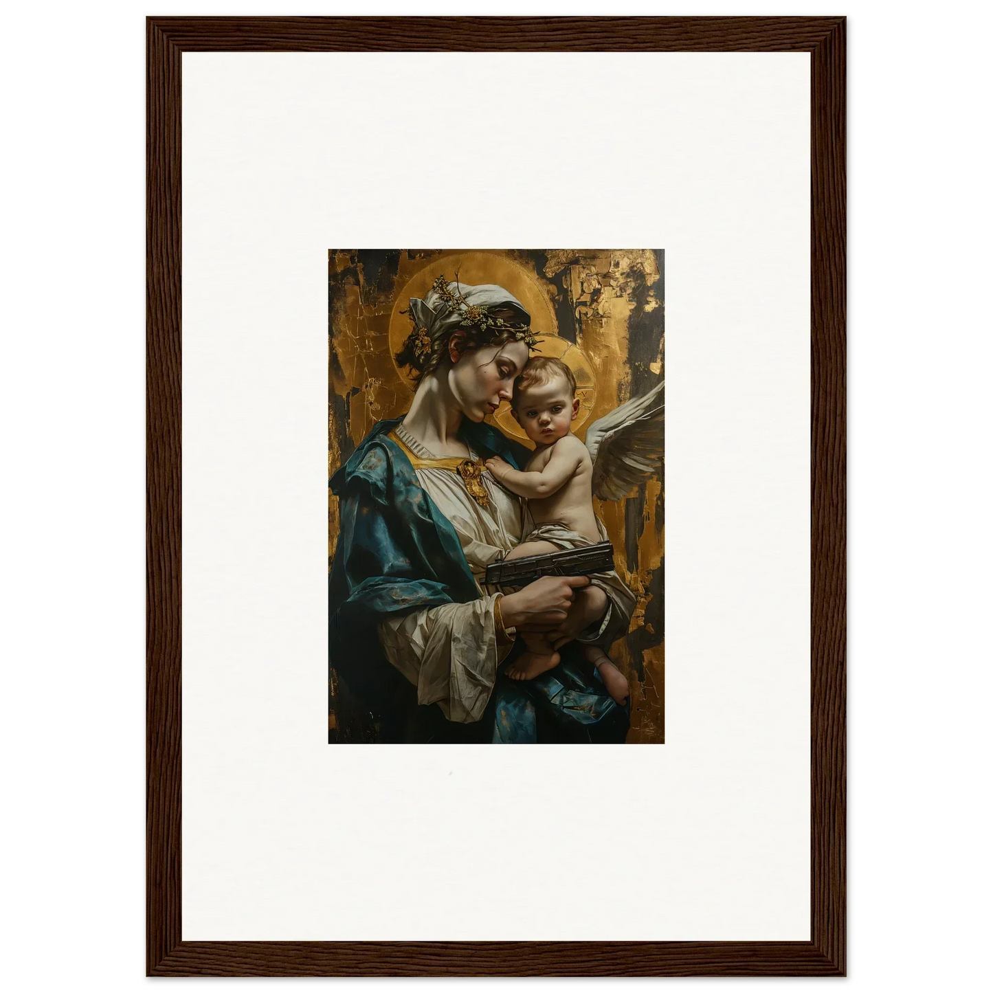 Framed canvas print of a woman with a child, perfect for Velveteen Church room decoration