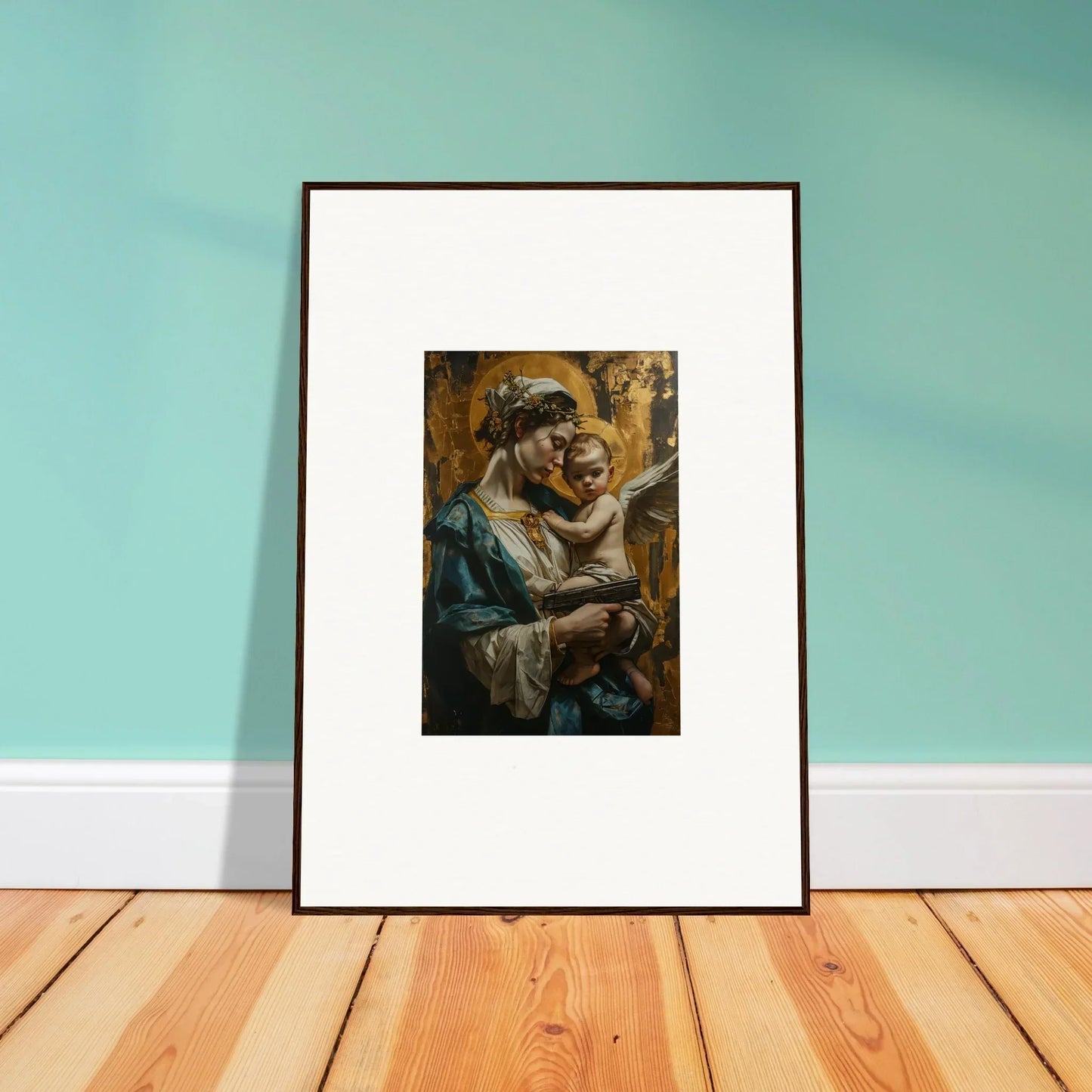 Framed canvas print of two figures in an embrace for cozy Velveteen Church room decoration