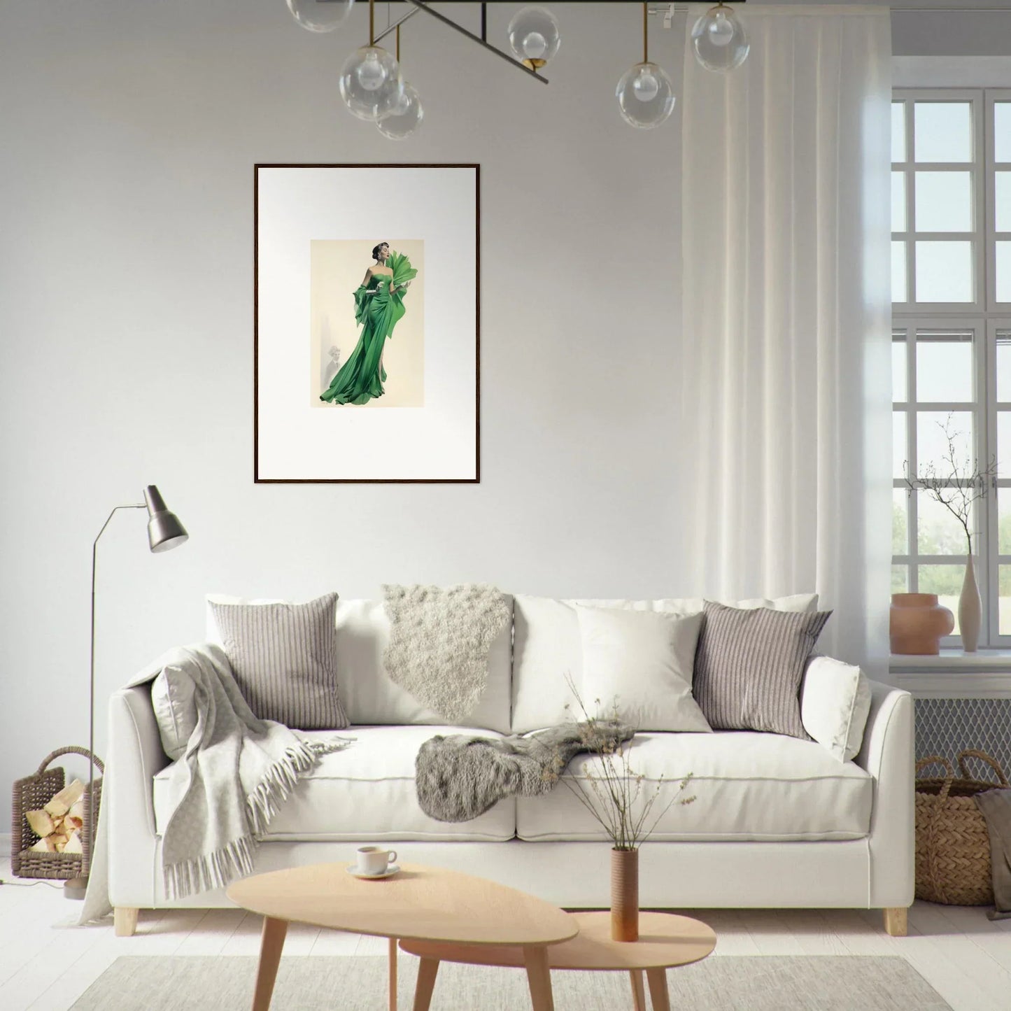 White upholstered sofa with gray pillows, perfect for displaying Dream Framed Wall Art