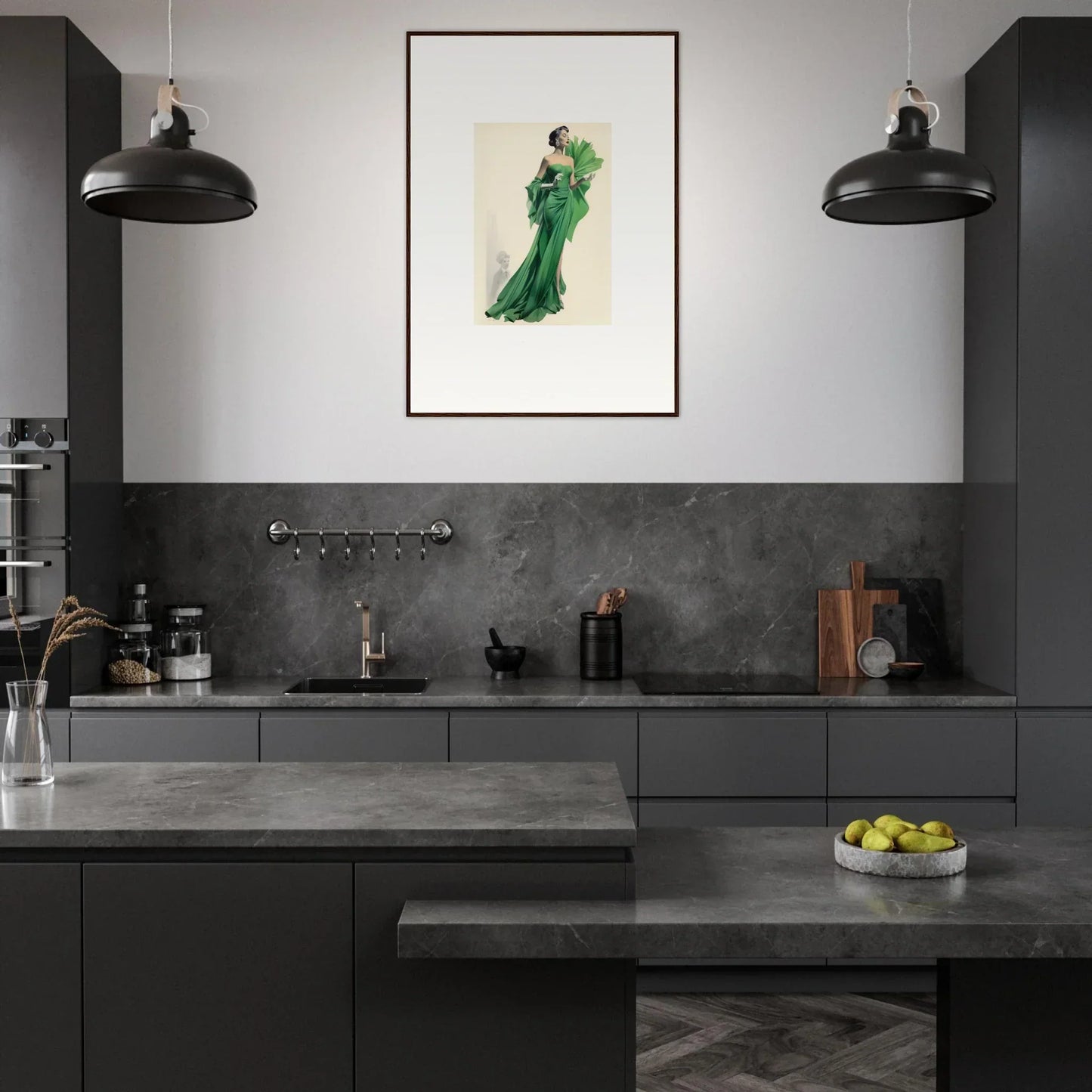 Modern dark gray kitchen with black pendant lights and Draped Would Dream framed wall art