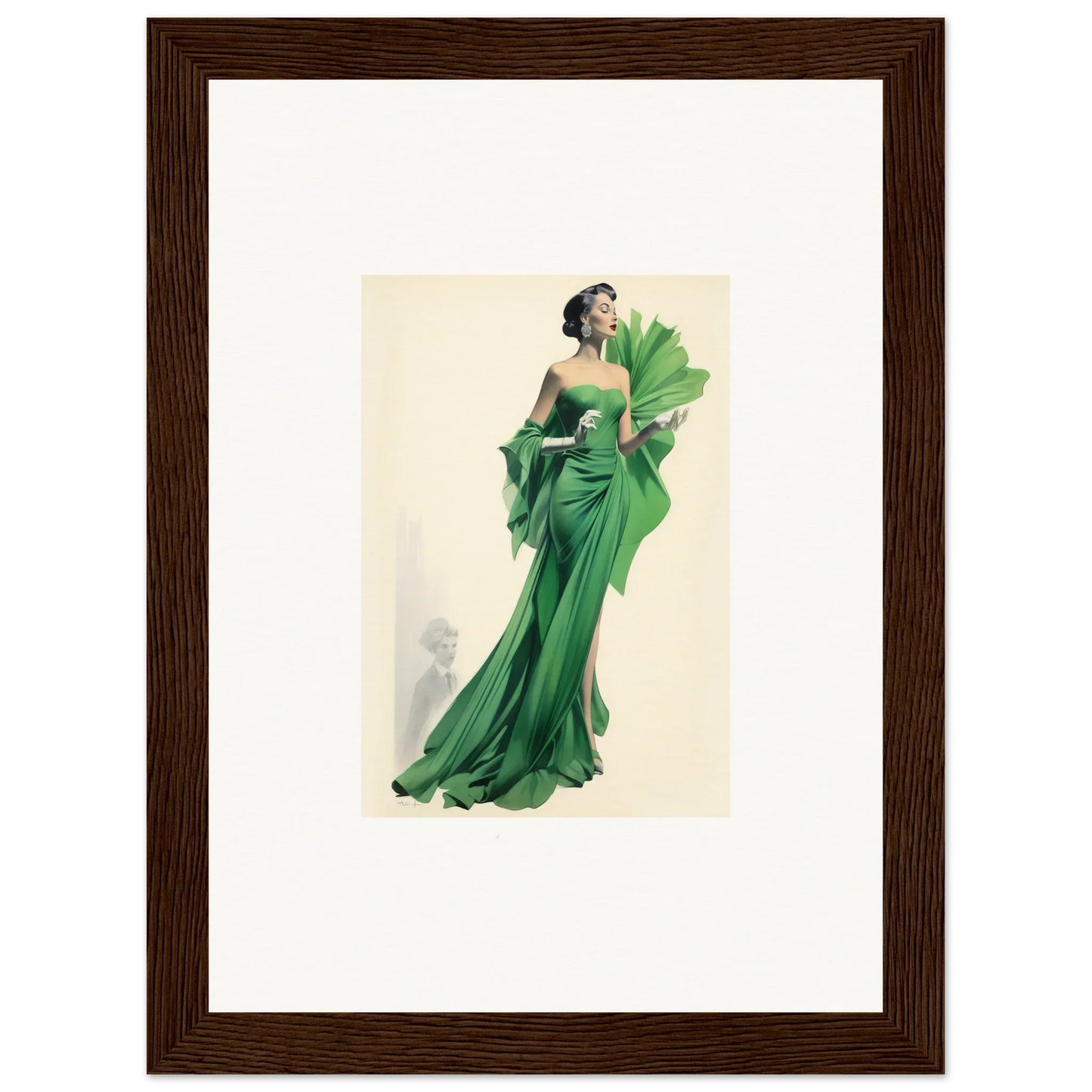 Vintage fashion illustration of a ruffled emerald gown, perfect for dream framed wall art