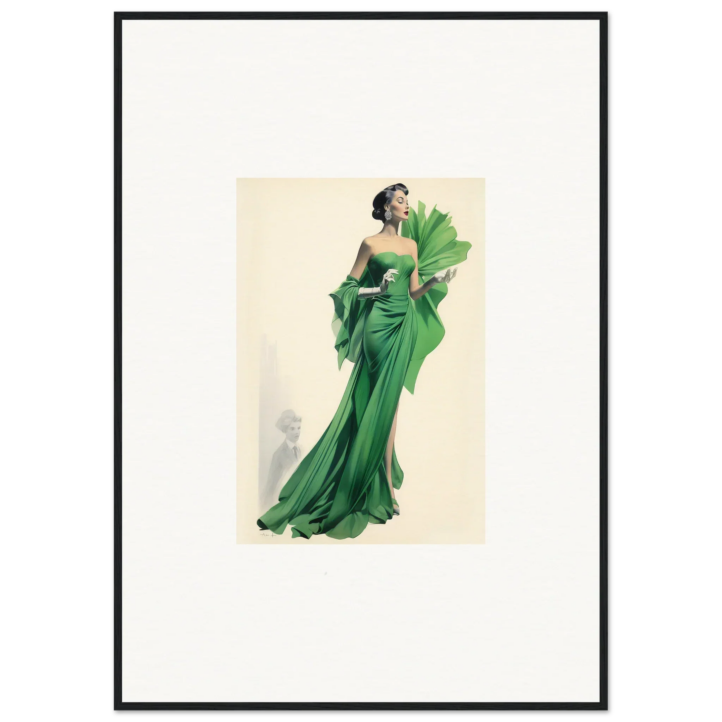 Elegant emerald green evening gown with ruffles, perfect for a special edition art™ display