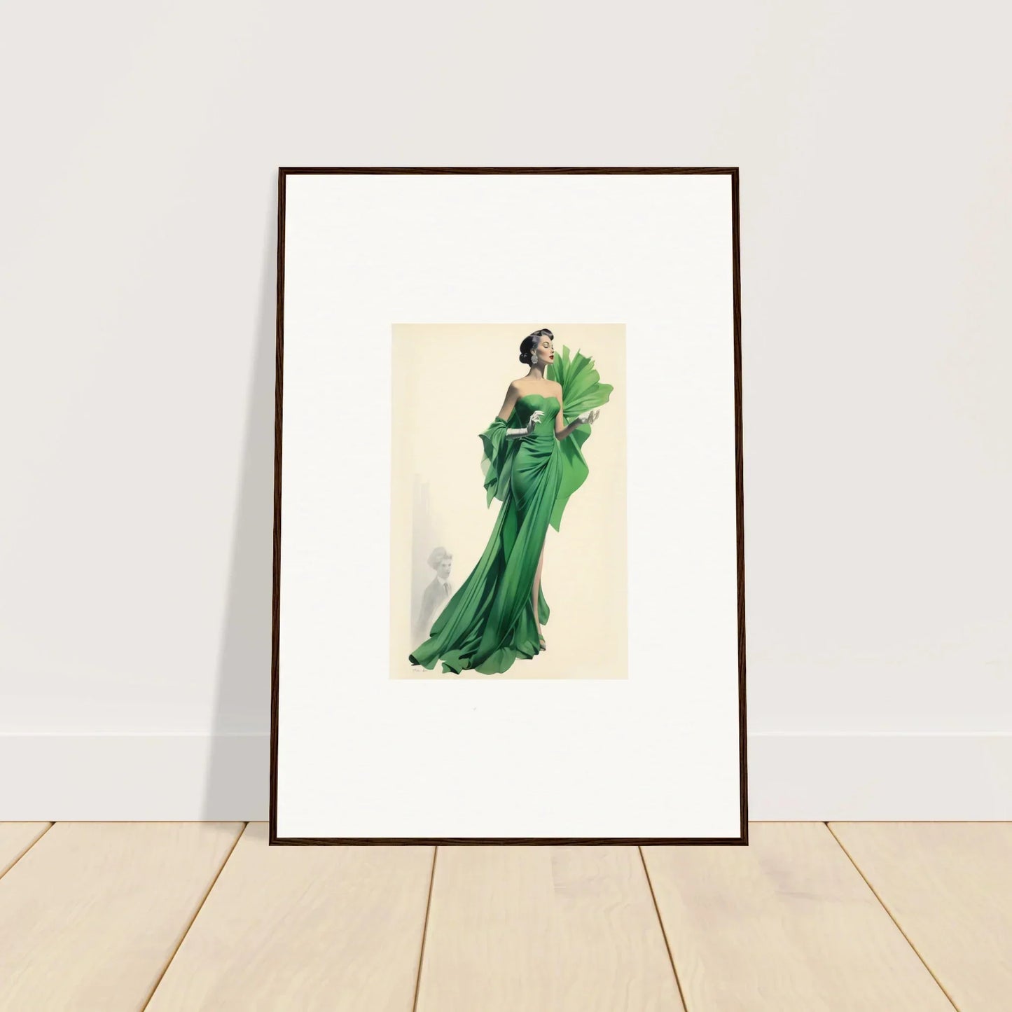 Framed fashion illustration of a figure in an emerald green gown for Draped Would Dream