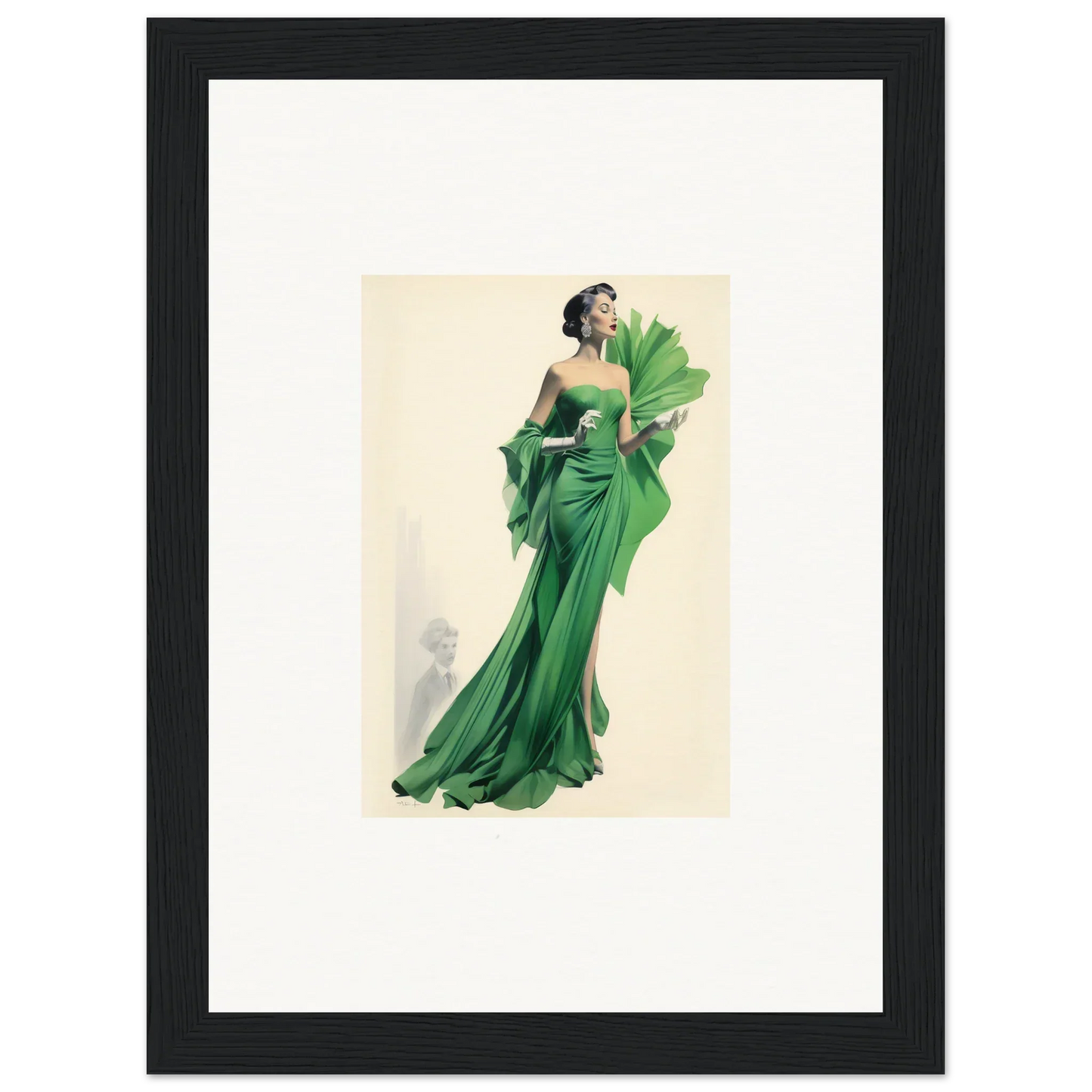Vintage fashion illustration of an emerald green ruffled gown, perfect for a dream framed wall