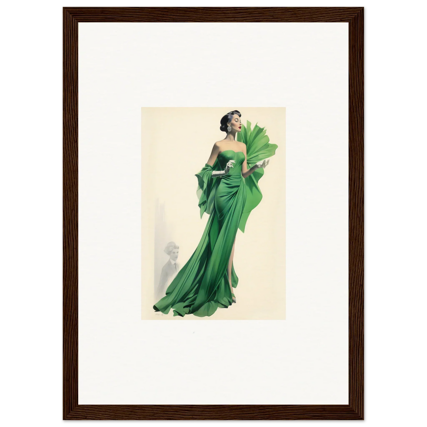 Vintage fashion illustration of an emerald green gown, perfect for dream framed wall art