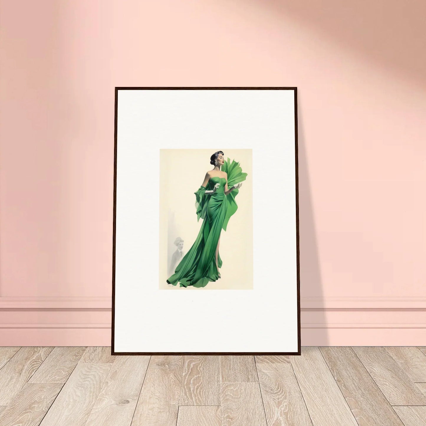 Framed wall art of a flowing emerald green evening gown in special edition art™ style