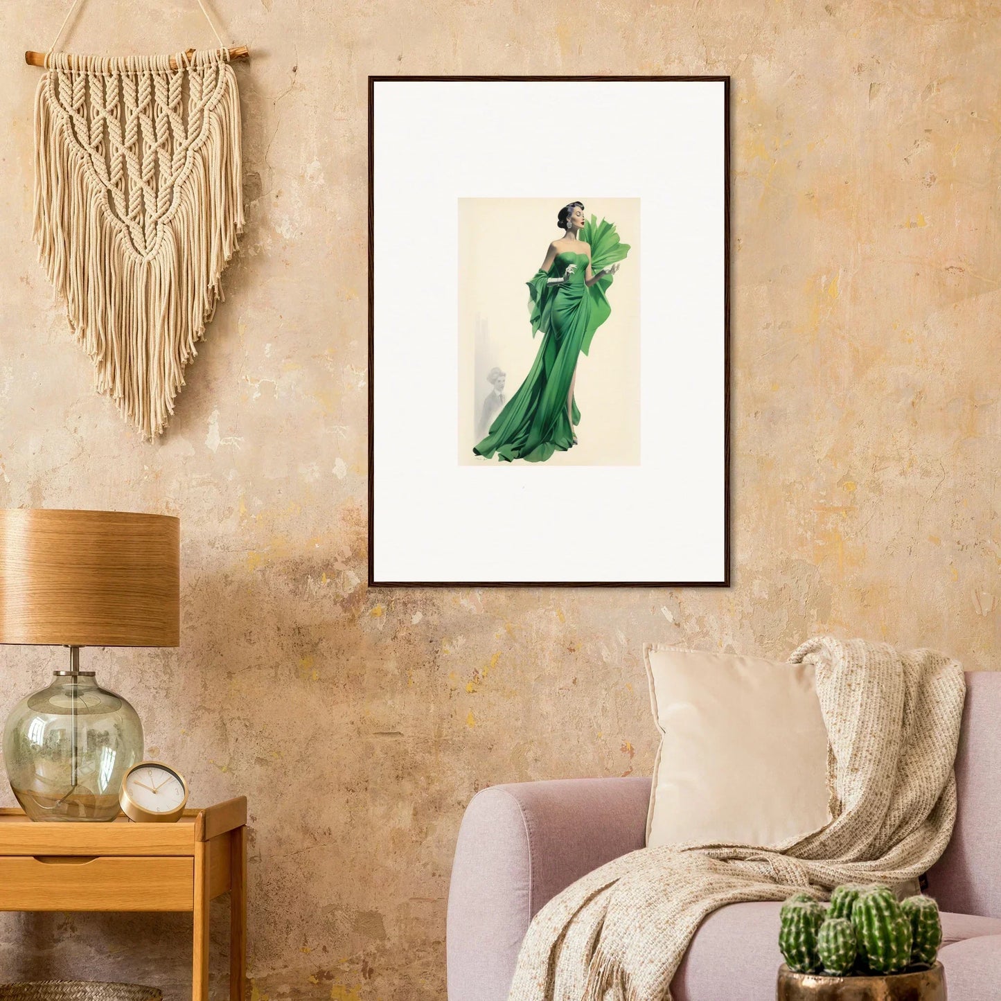 Framed watercolor art of a figure in an emerald gown for your dream wall decor