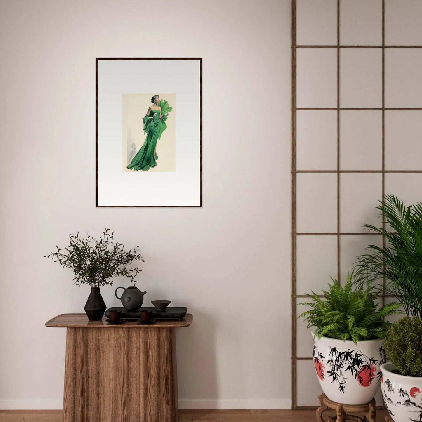 Framed watercolor illustration of a figure in a flowing green dress for Dream Framed Wall