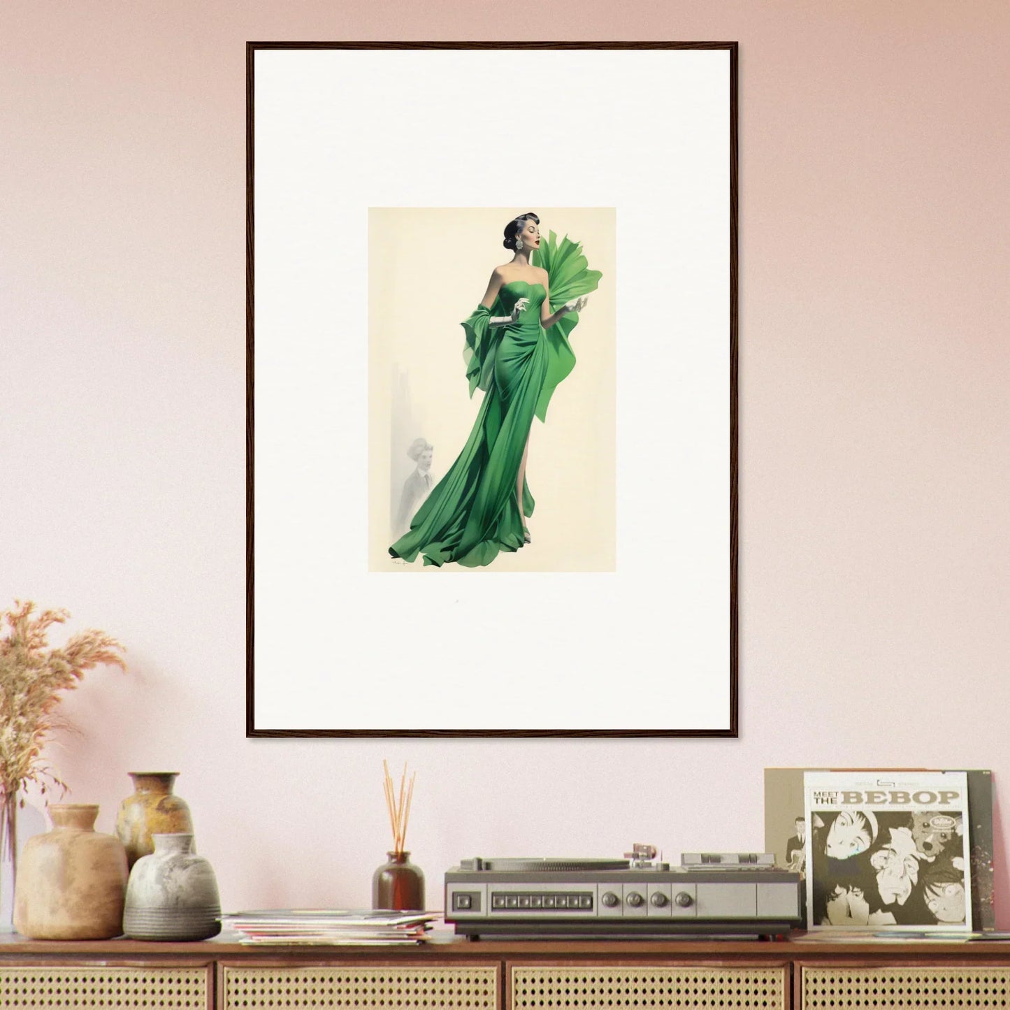 Framed fashion illustration of an emerald green gown from Draped Would Dream special edition art™