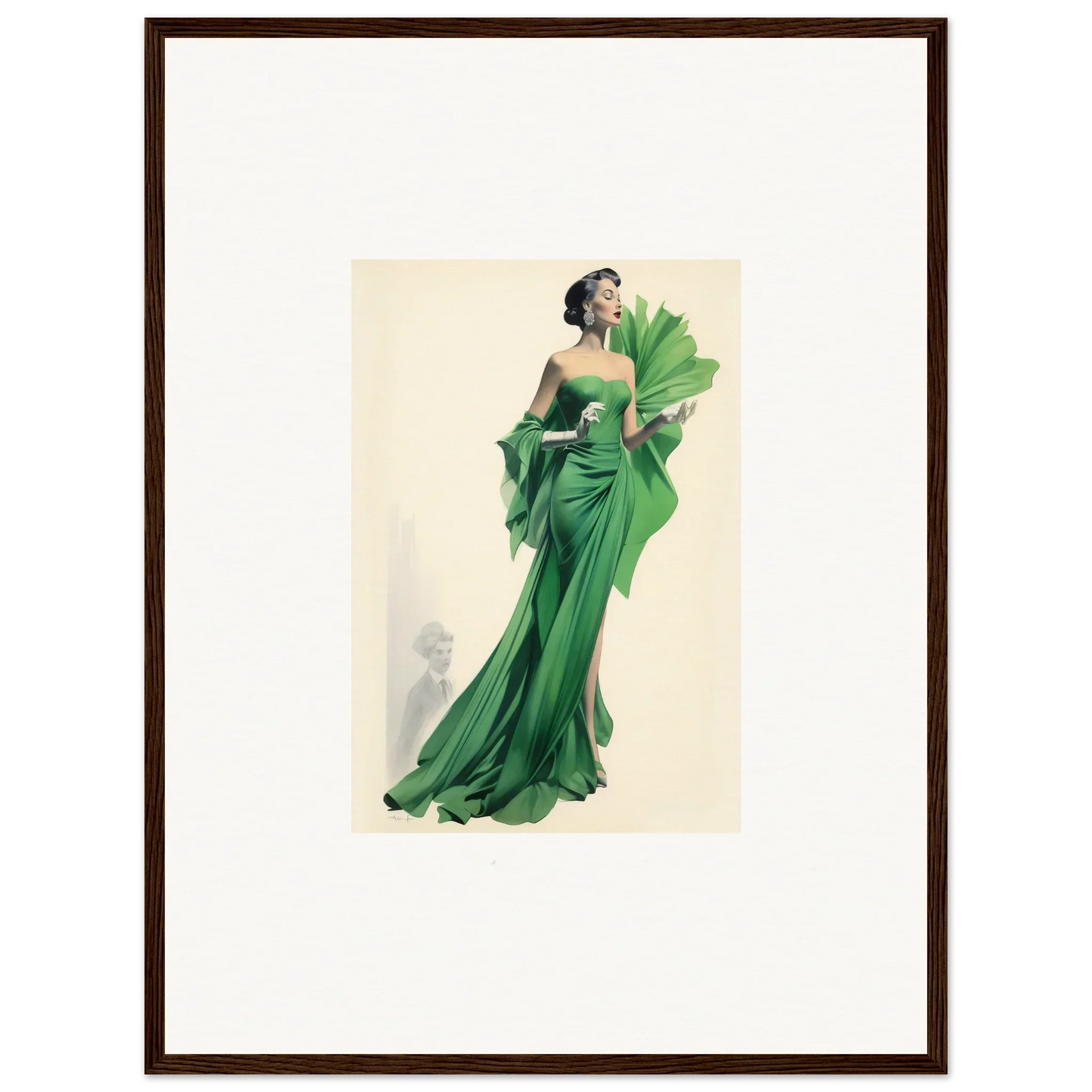 Vintage fashion illustration of an emerald green gown in special edition art™ design