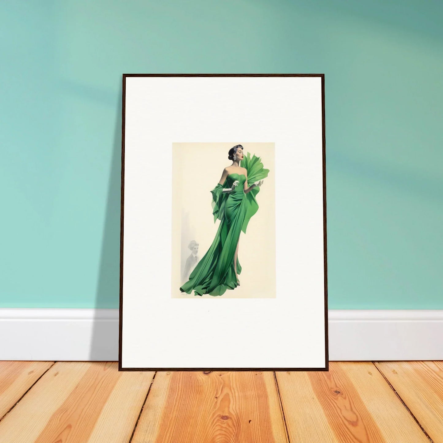 Framed wall art featuring a stunning emerald green evening gown from Draped Would Dream