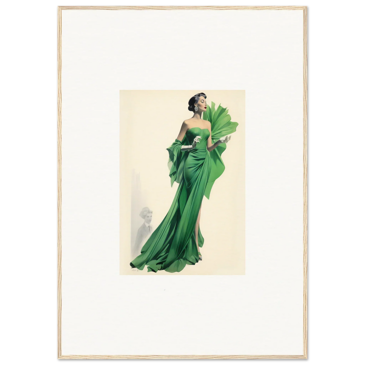 Fashion illustration of a stunning emerald green evening gown for dream framed wall art