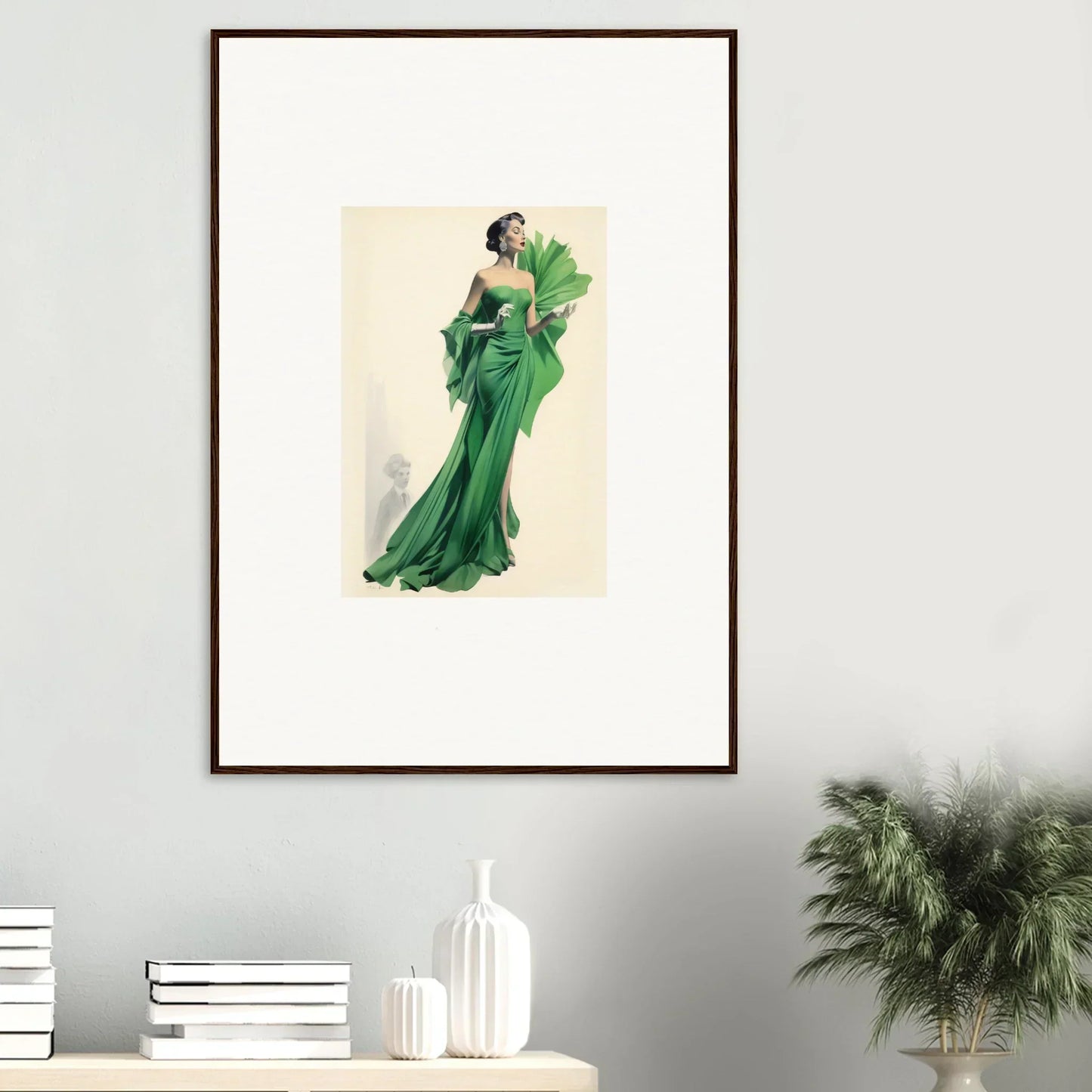 Framed wall art of an emerald green gown with ruffles from Draped Would Dream special edition art™