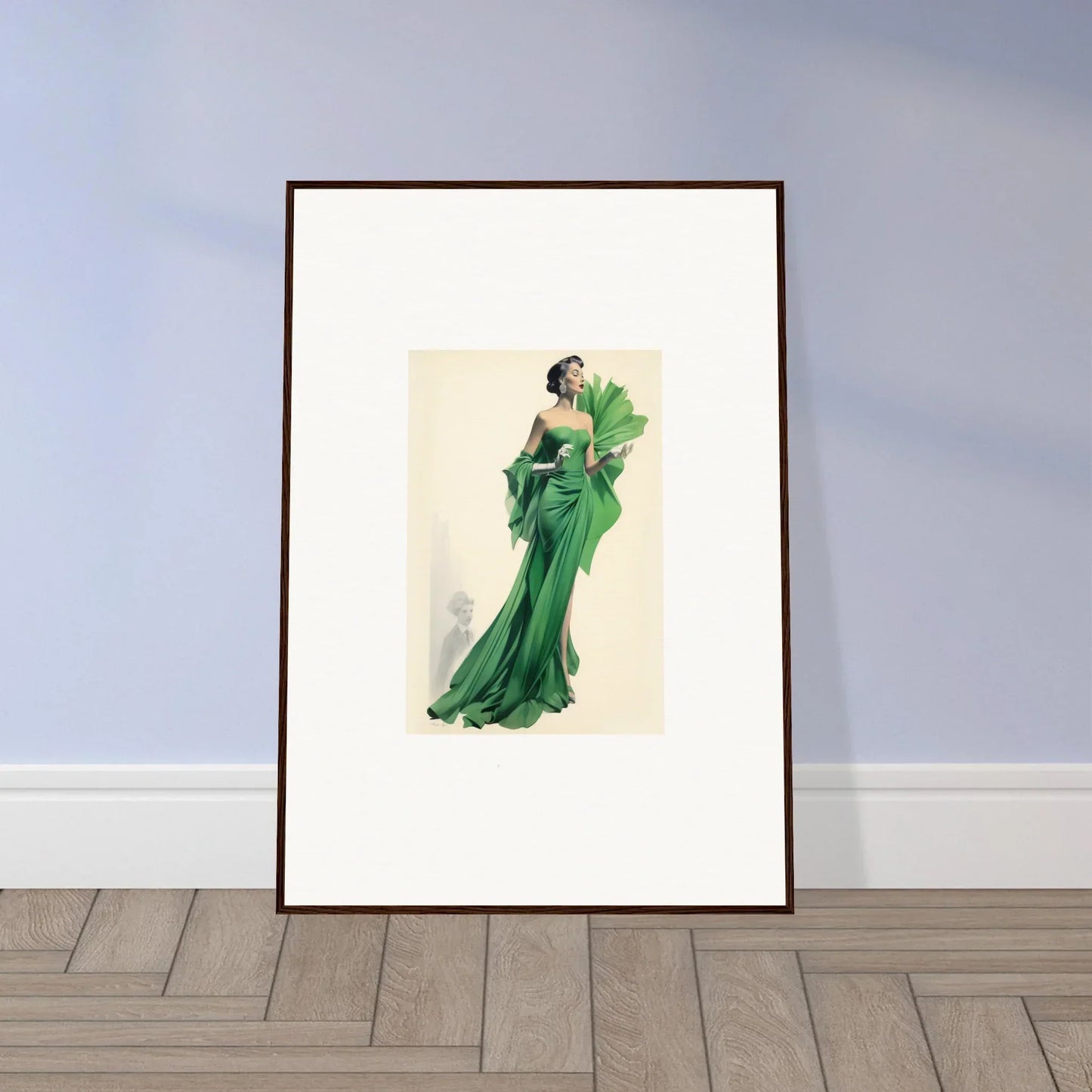 Elegant framed fashion illustration of an emerald green evening gown in Draped Would Dream