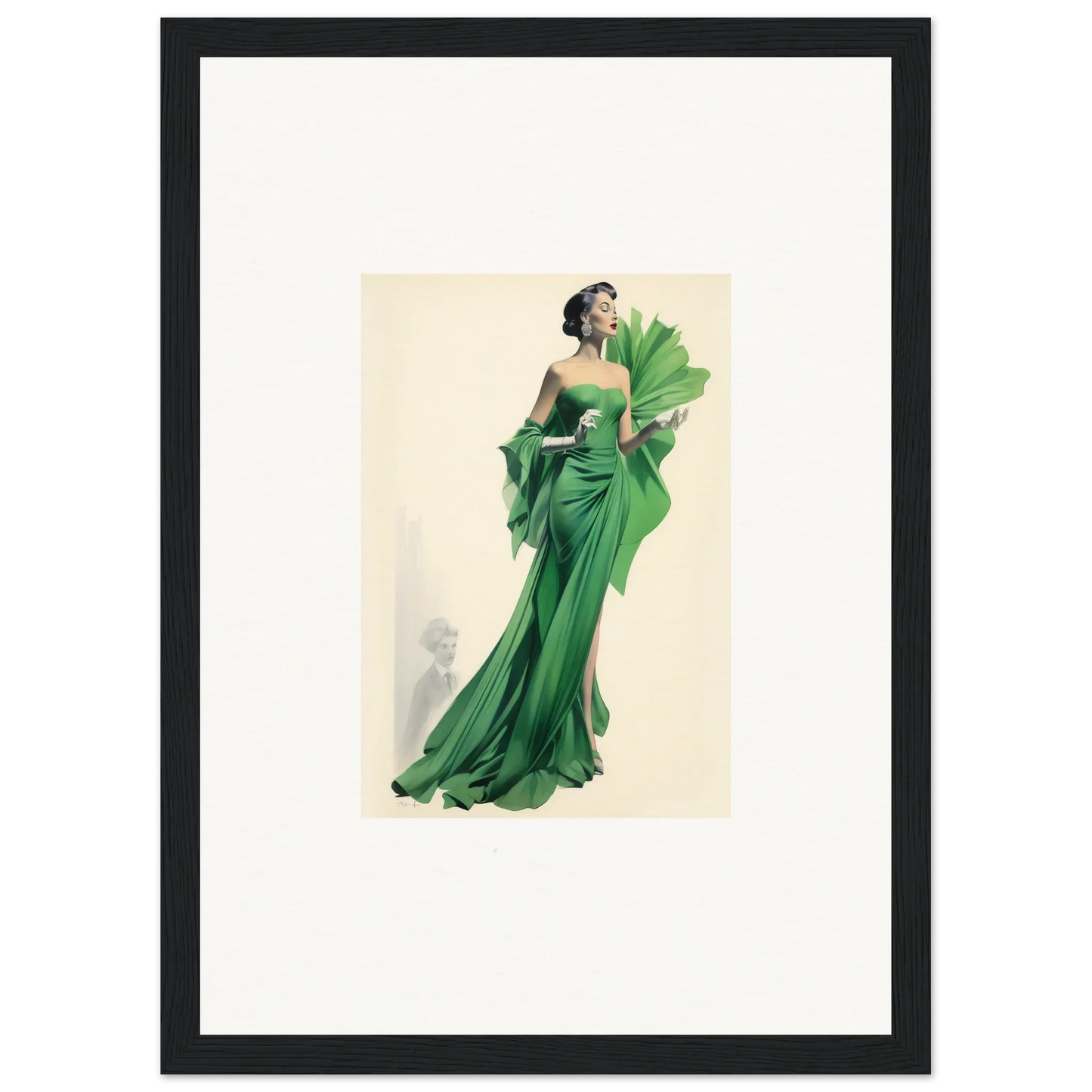 Vintage fashion illustration of a green evening gown, perfect for dream framed wall art