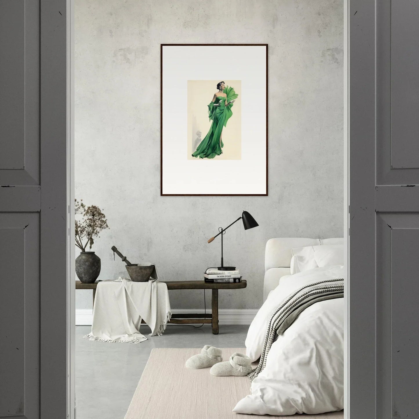 Framed fashion illustration of a green evening gown for Draped Would Dream special edition art™
