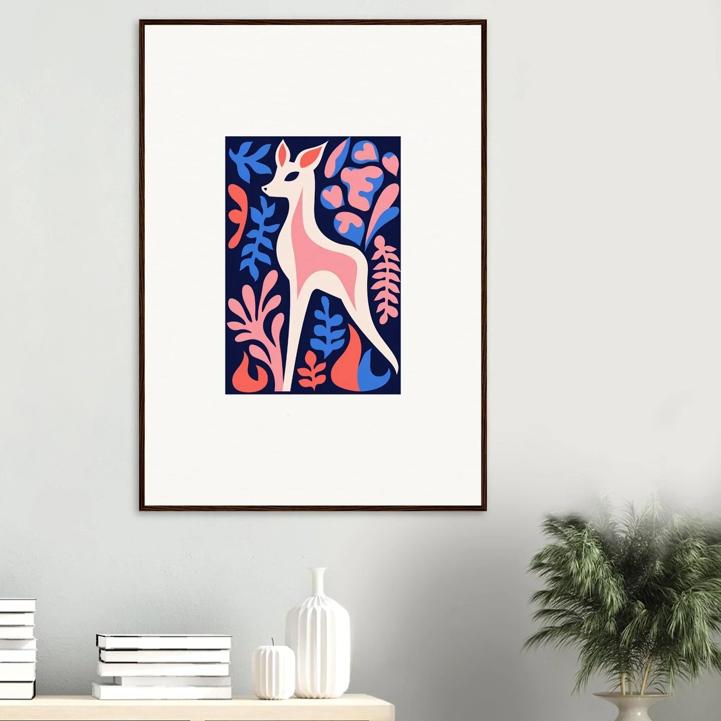 Stylized deer among vibrant floral motifs in Dream Fawn Flora wall art for room decor