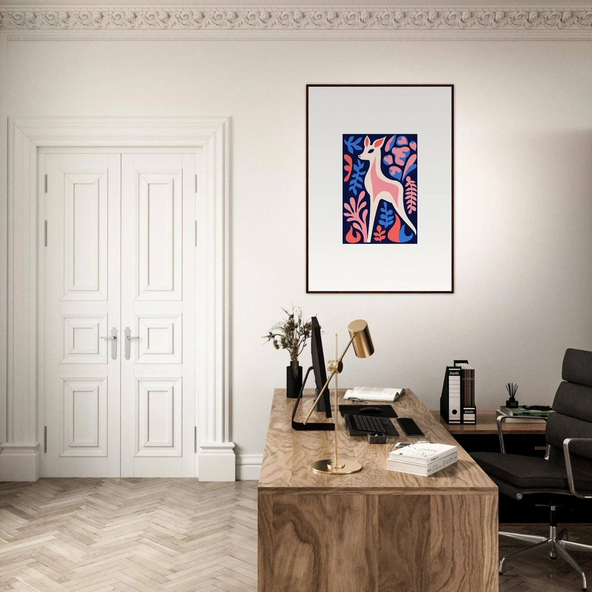 Stylish home office with wooden desk, modern chair, and Fawn Flora framed wall art