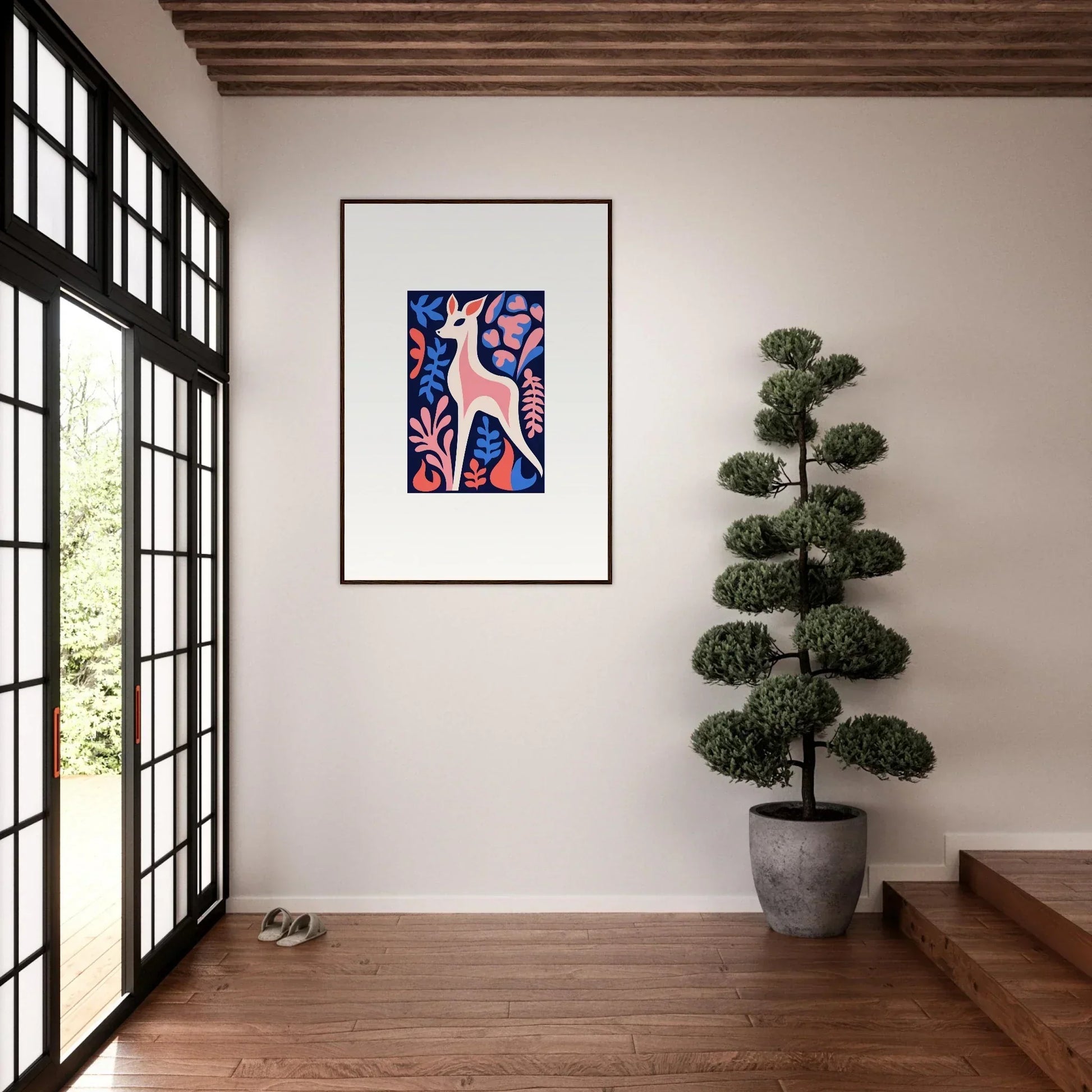 Framed wall art featuring a colorful fawn flora design with vibrant patterns
