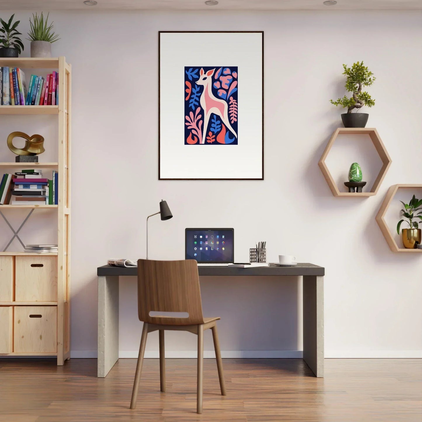 Modern home office with desk, chair, and fawn flora framed wall art for stylish room decor