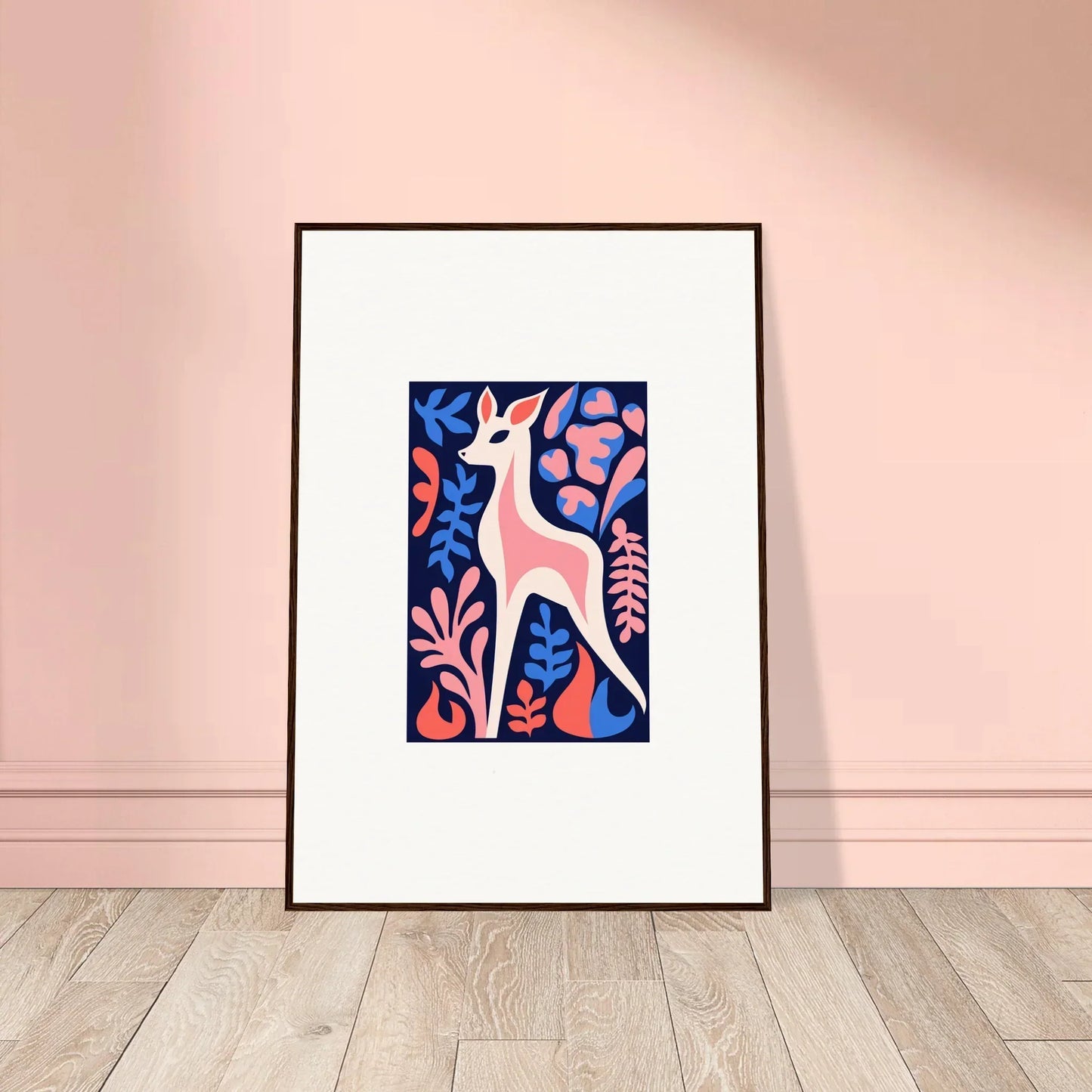 Framed wall art of a pink fawn flora amidst vibrant plant shapes for stylish room decor