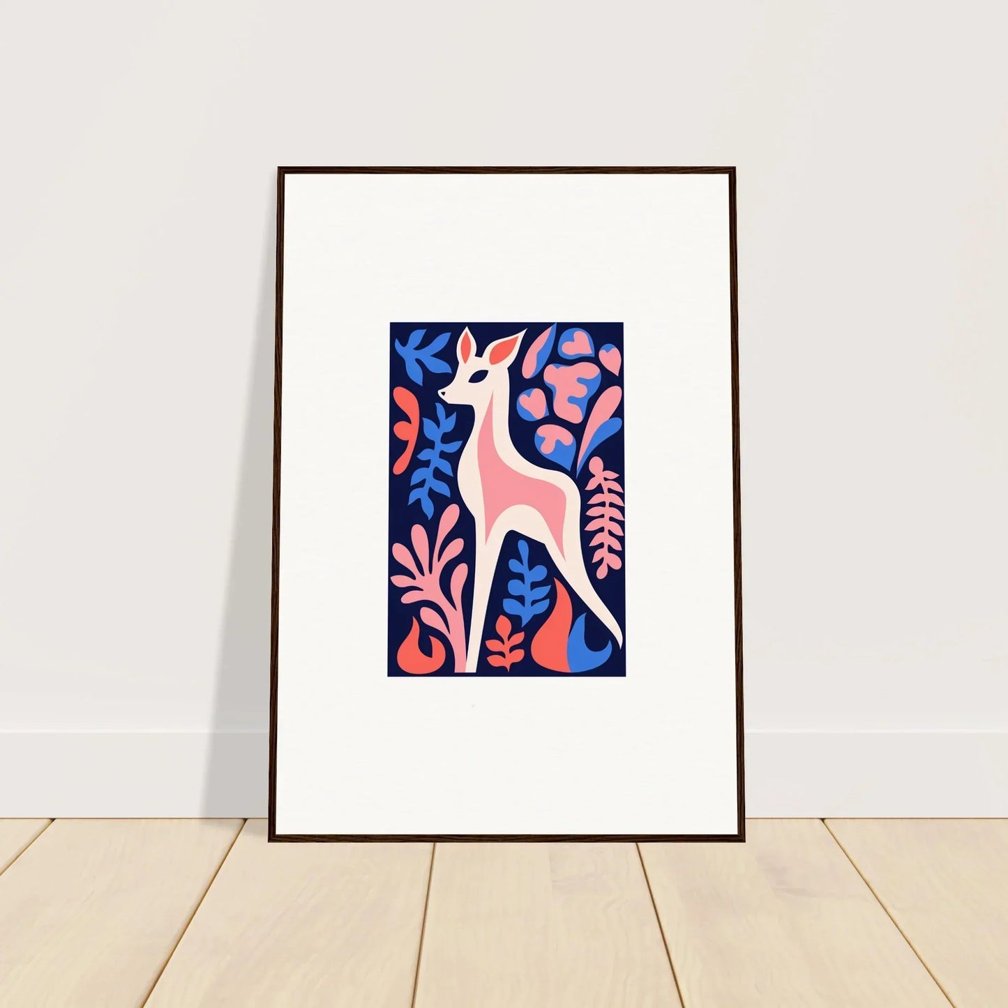 Framed wall art of a white deer among vibrant fawn flora for stylish room decor