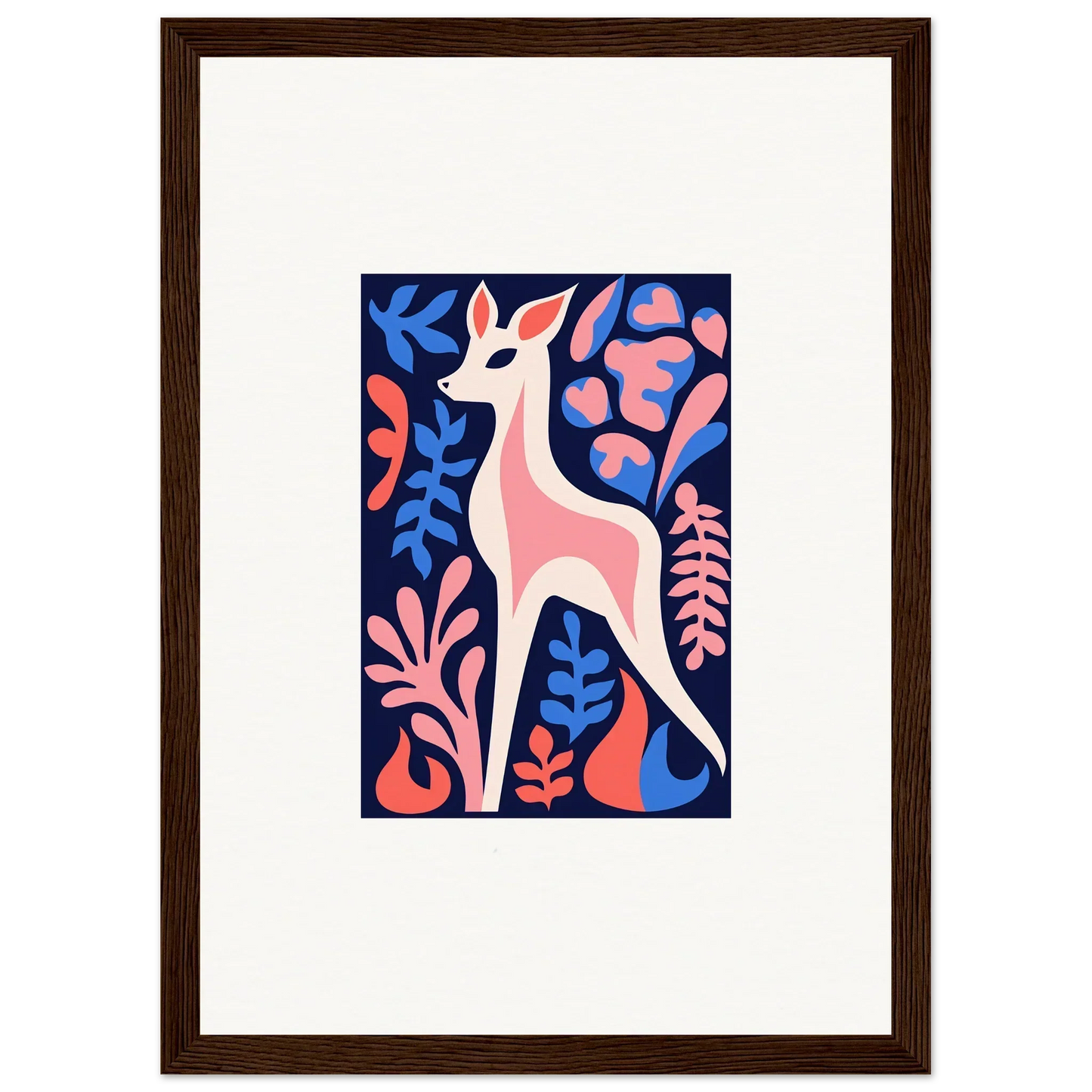 Stylized pink deer in vibrant plant shapes, perfect fawn flora room decor art
