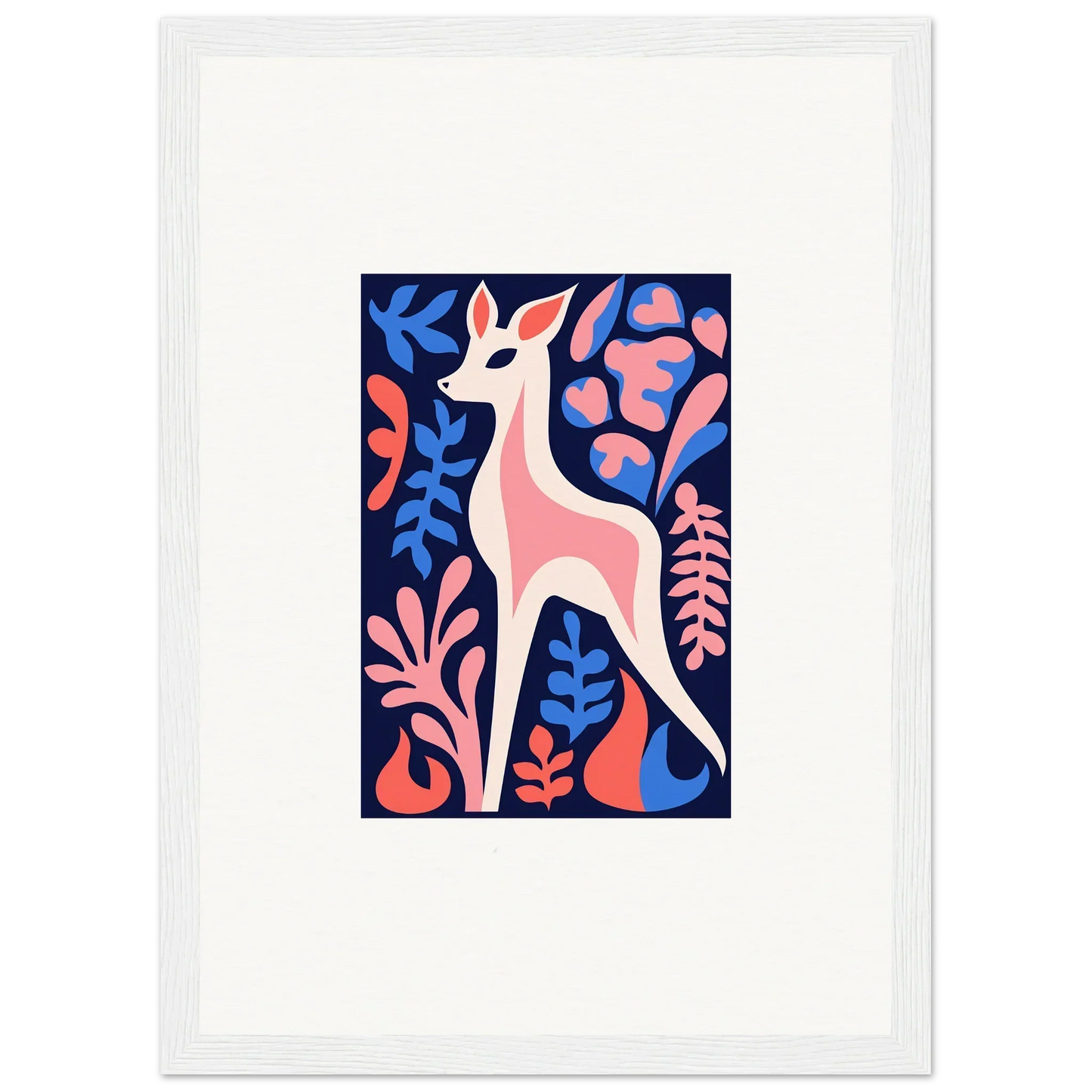 Stylized pink deer and vibrant flowers in Dream Fawn Flora framed wall art decor