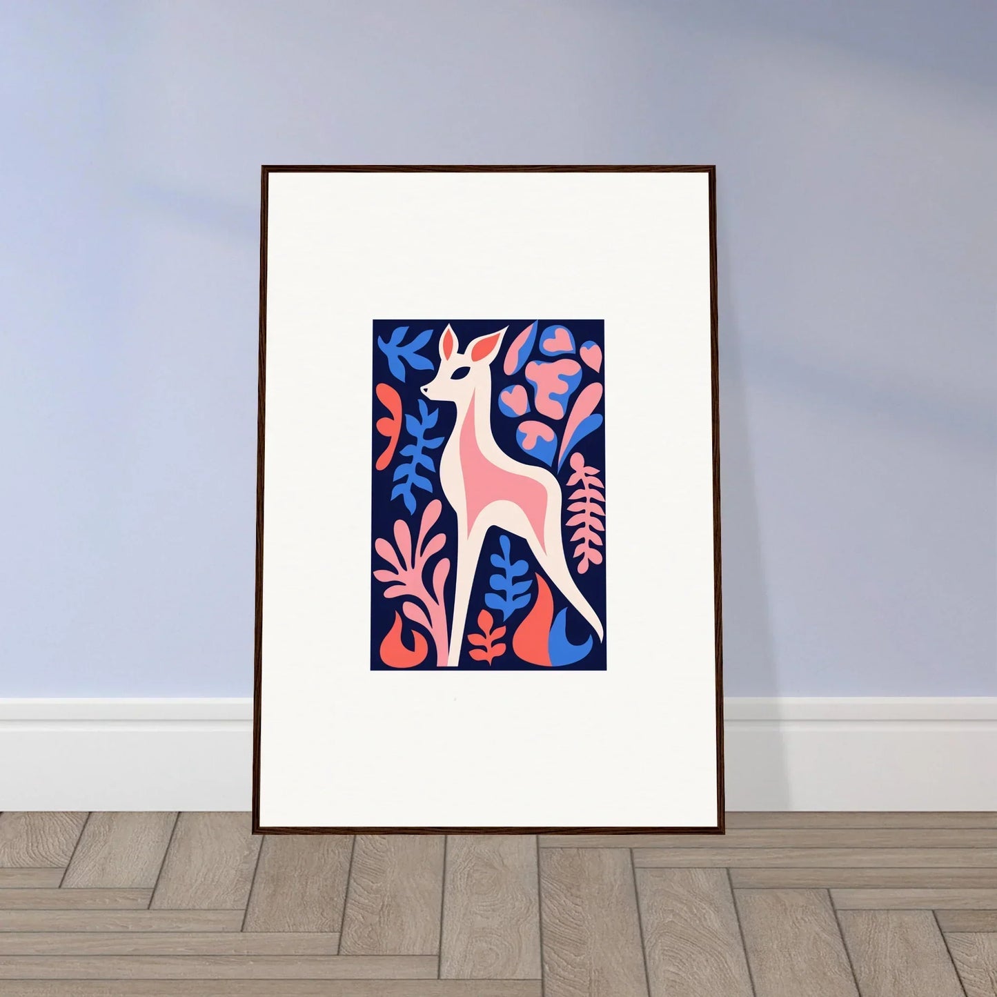 Framed wall art featuring a stylized fawn flora surrounded by colorful flowers