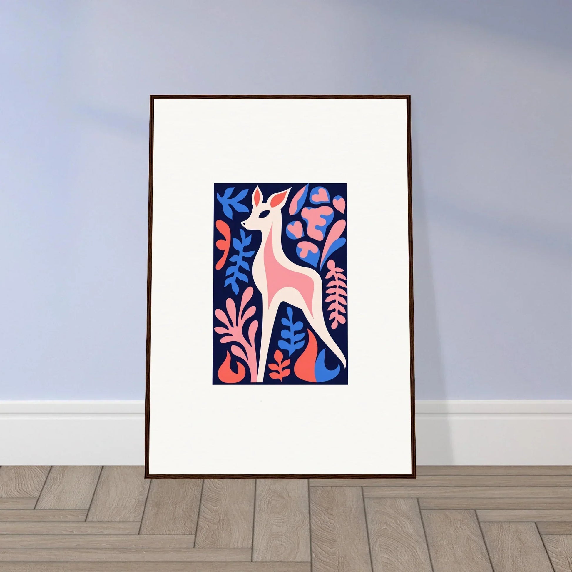 Framed wall art featuring a stylized fawn flora surrounded by colorful flowers