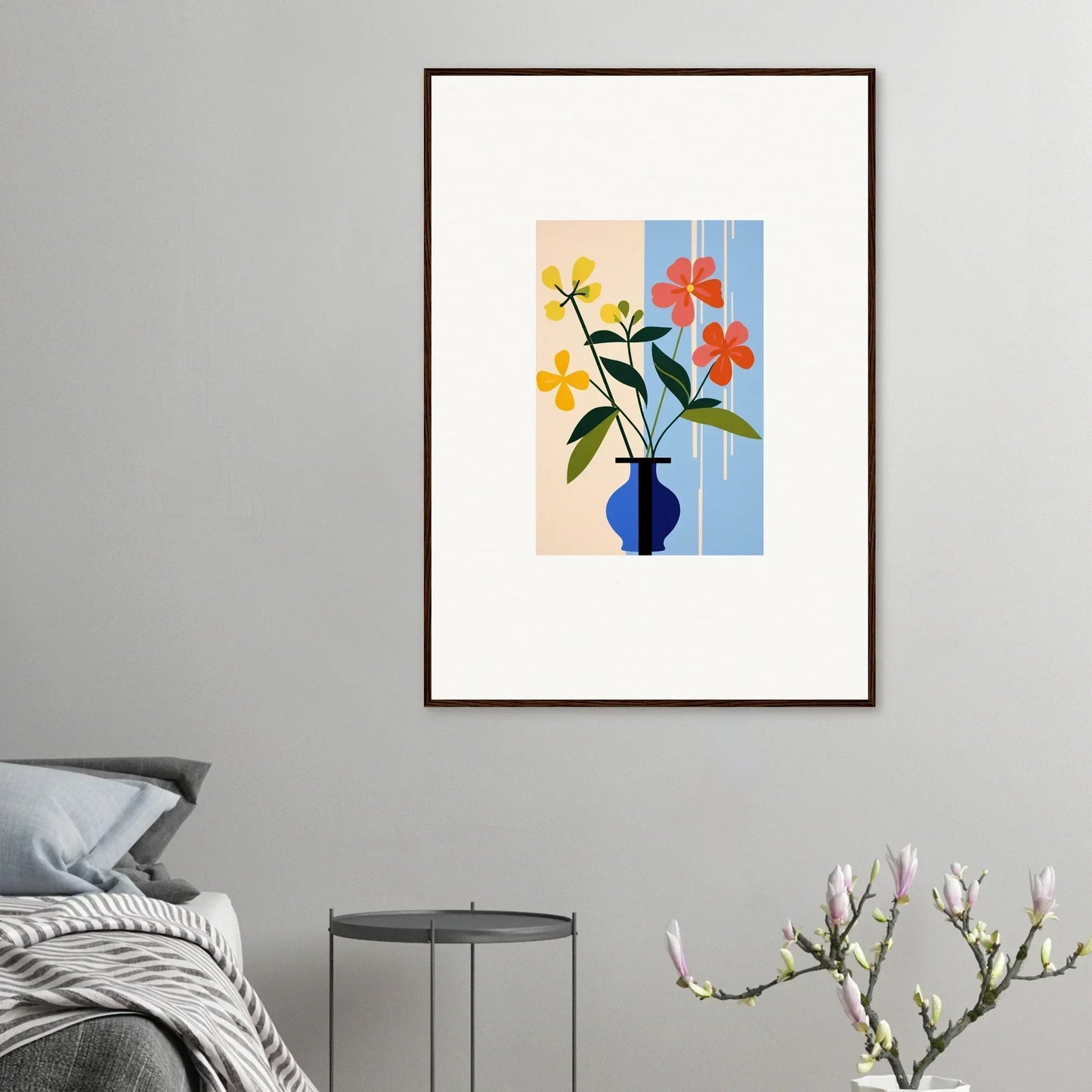 Framed wall art of colorful flowers in a blue vase for vibrant room decor