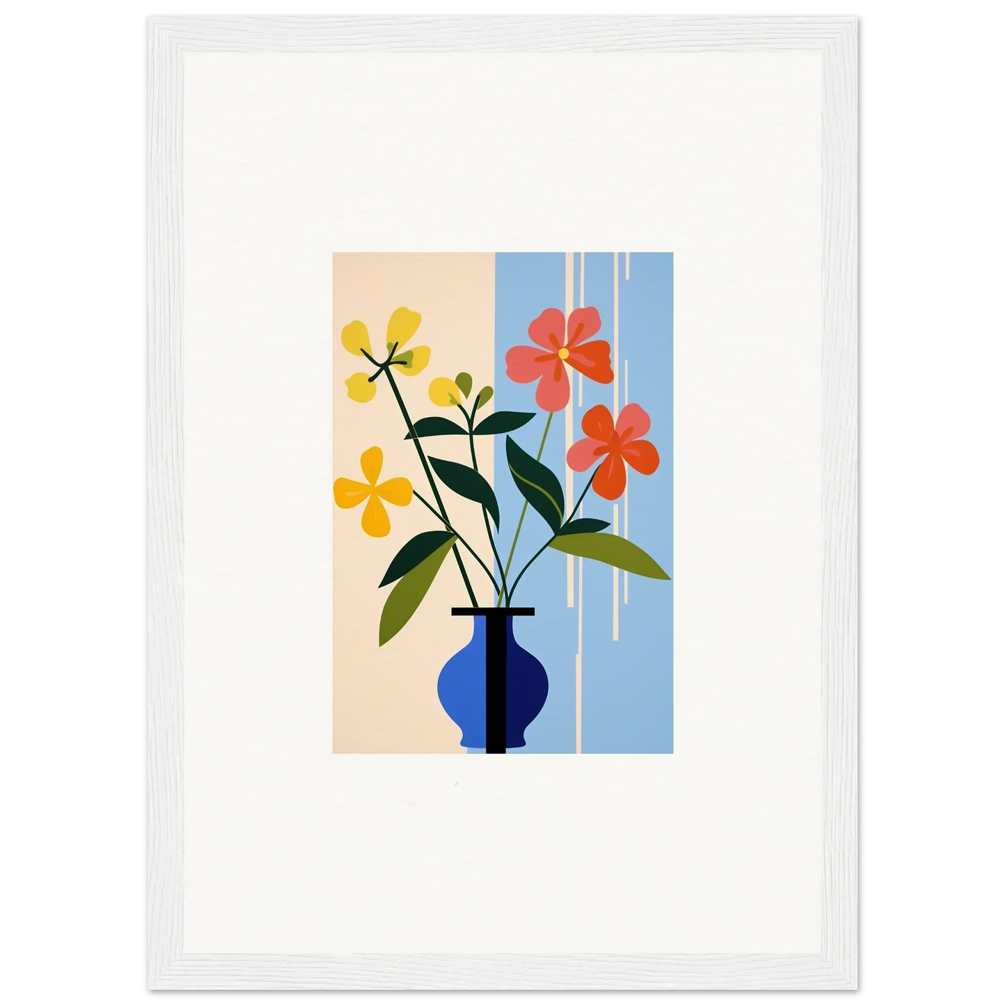 Framed wall art featuring colorful petalscapes bloom in a blue vase for room decor