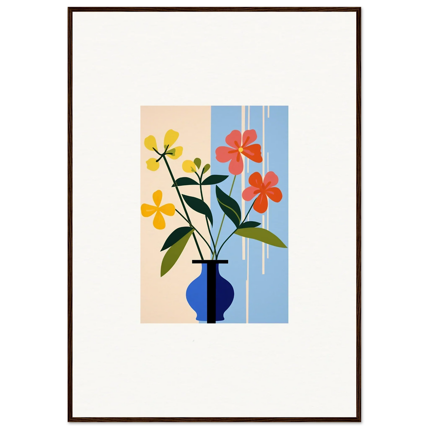 Framed wall art of colorful flowers in a blue vase for vibrant room decor