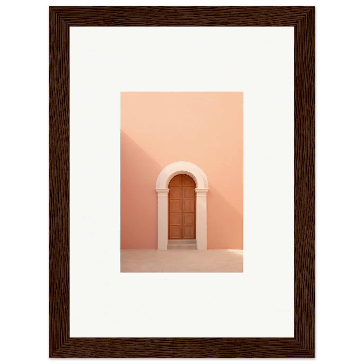 Wooden door in a curved archway on a peachy-pink wall from Dream Portal Solace