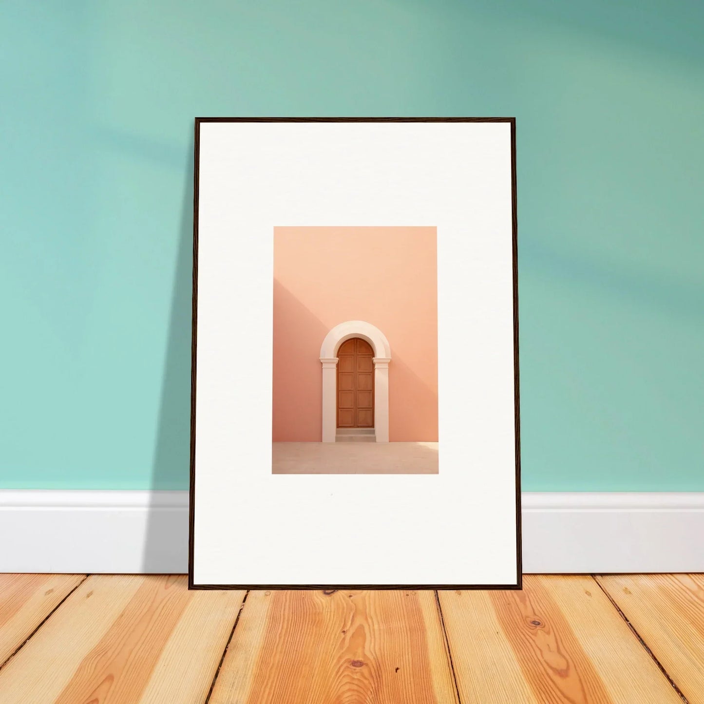 Framed wall art of a wooden door in a pink arch, part of Dream Portal Solace
