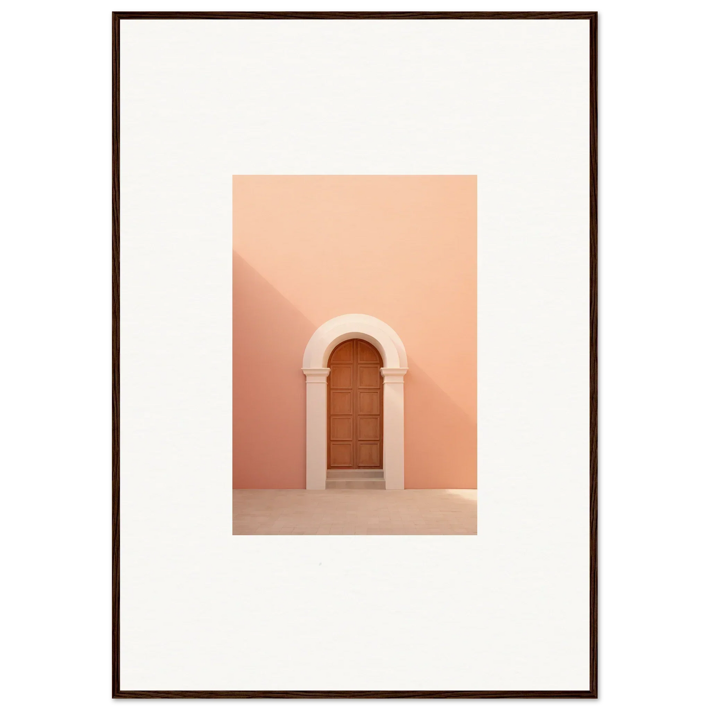 Wooden door in arched stone doorway on peachy-pink wall, Dream Portal Solace art