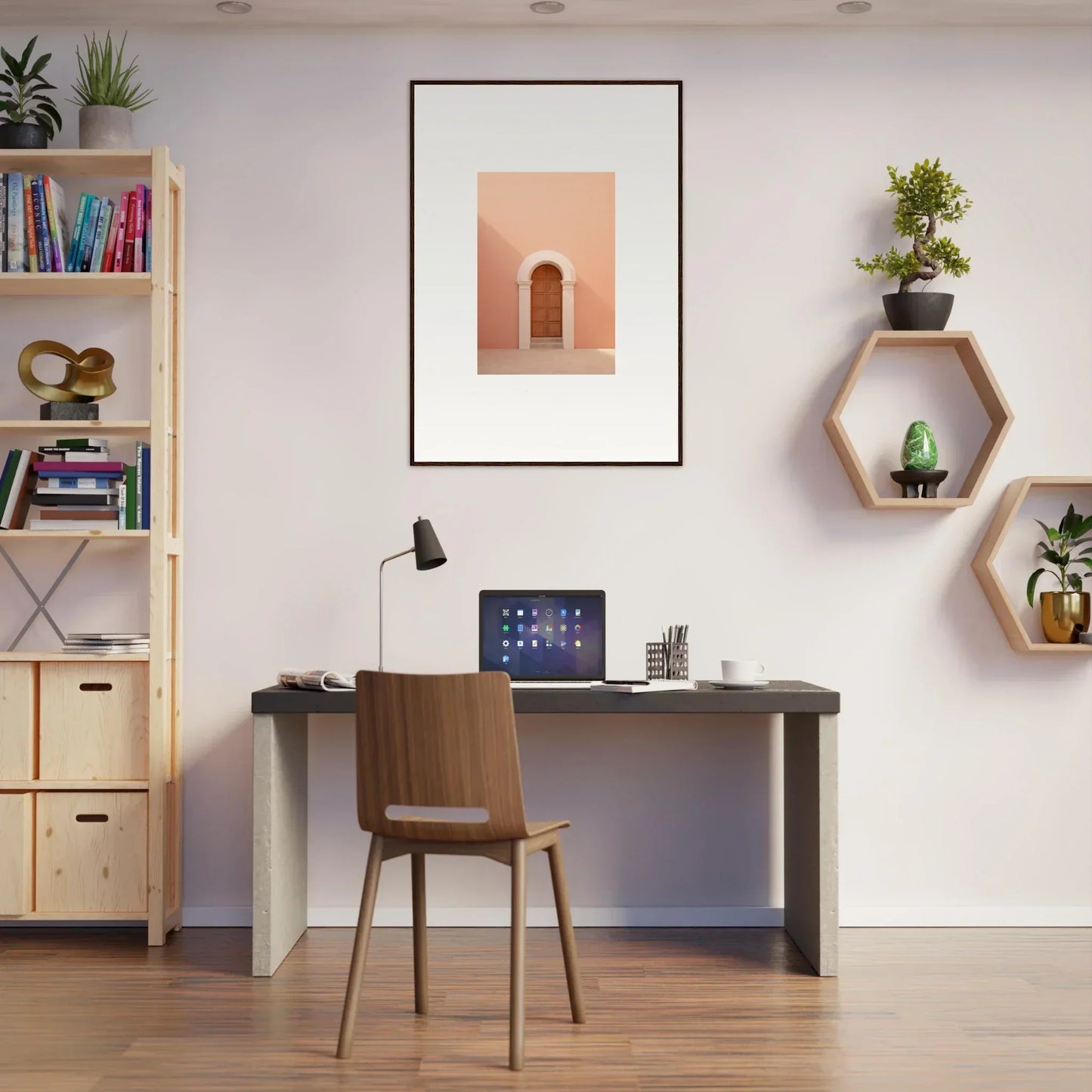 Modern home office with Dream Portal Solace art, dark desk, and stylish shelves