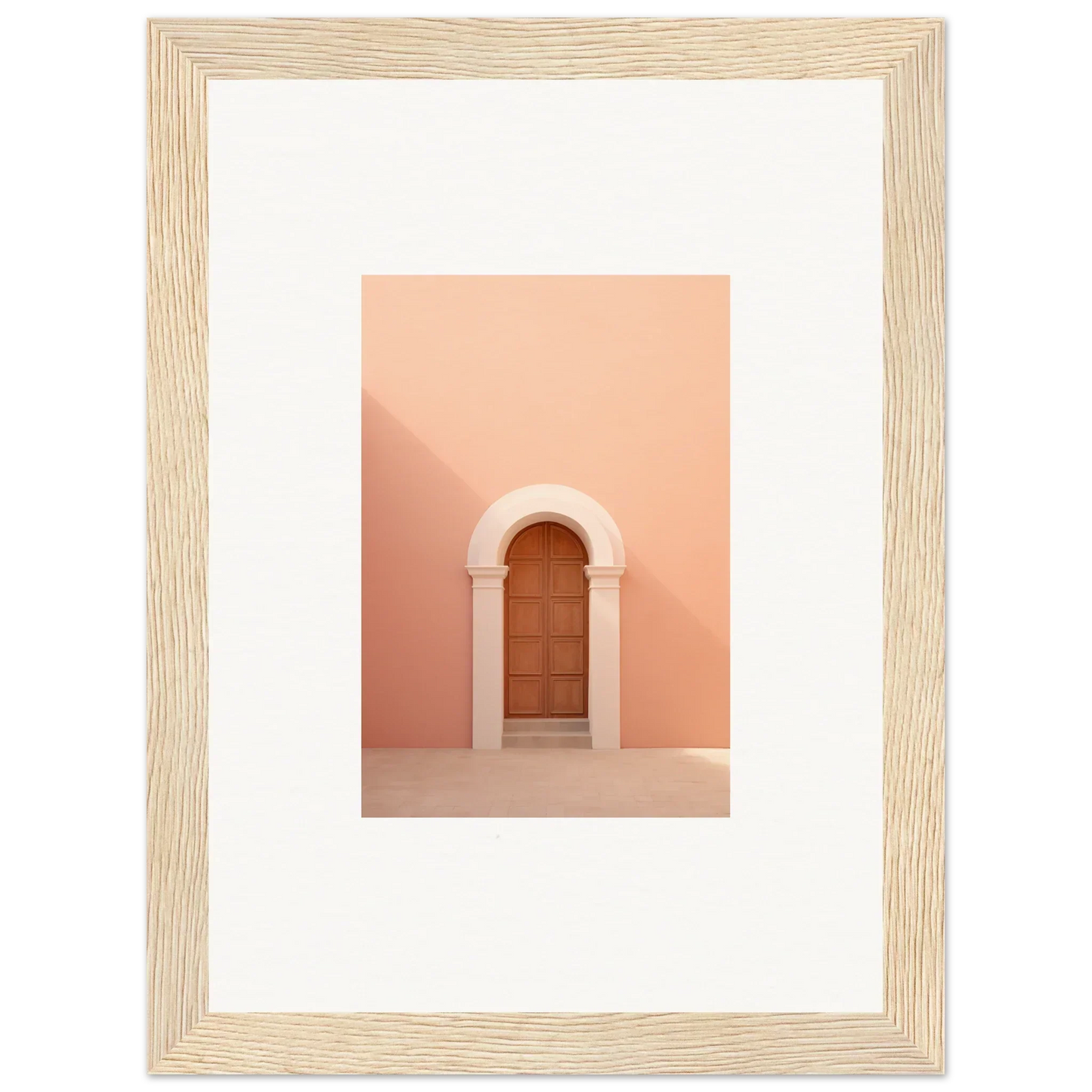 Wooden door in arched stone doorway on peachy-pink wall from Dream Portal Solace