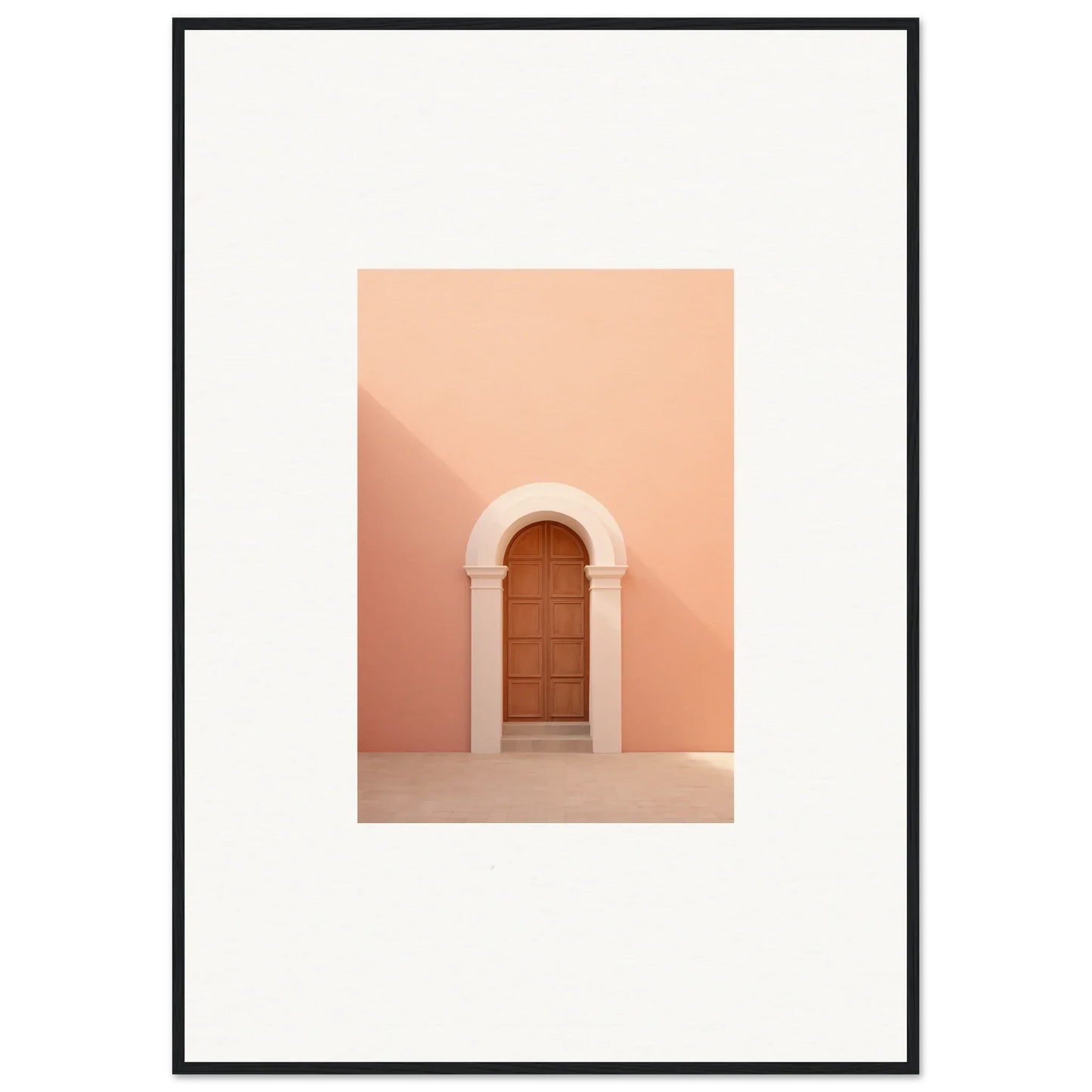 Wooden door in a curved arch on a peach-pink wall, Dream Portal Solace art piece