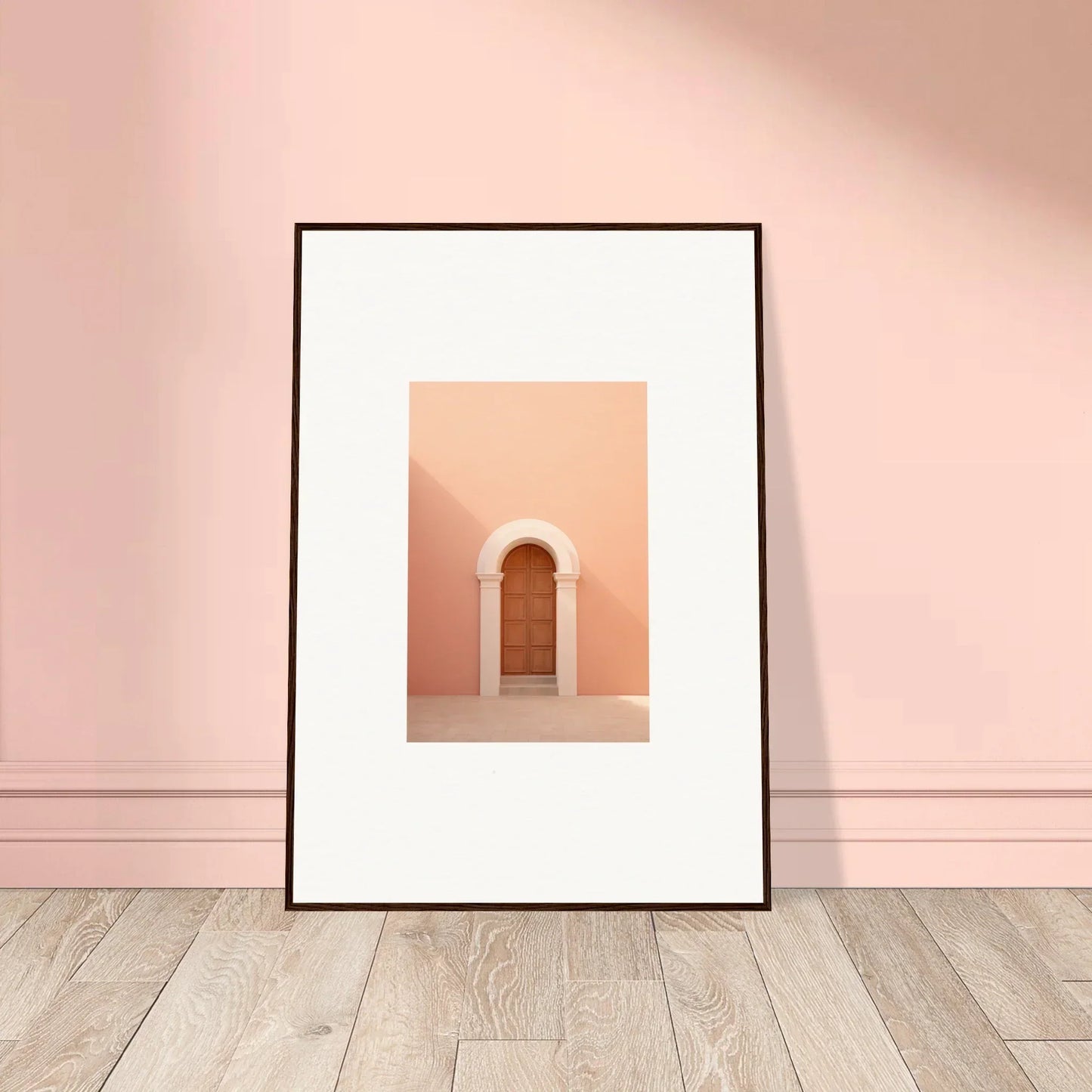 Framed wall art of a peach archway on pink, from the Dream Portal Solace collection