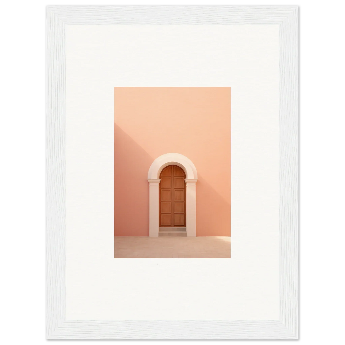Wooden door in curved archway on peachy-pink wall for Dream Portal Solace art