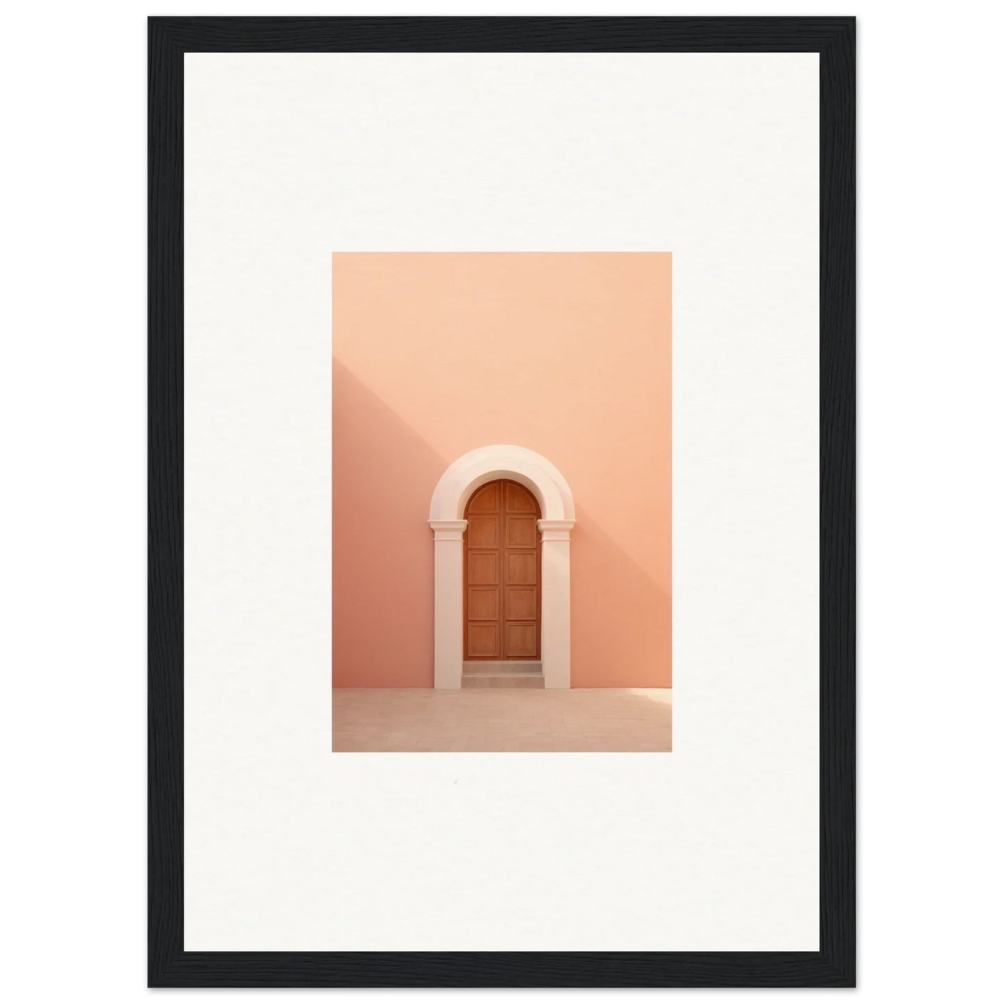 Wooden door in arched stone doorway on peachy wall, Dream Portal Solace framed wall art