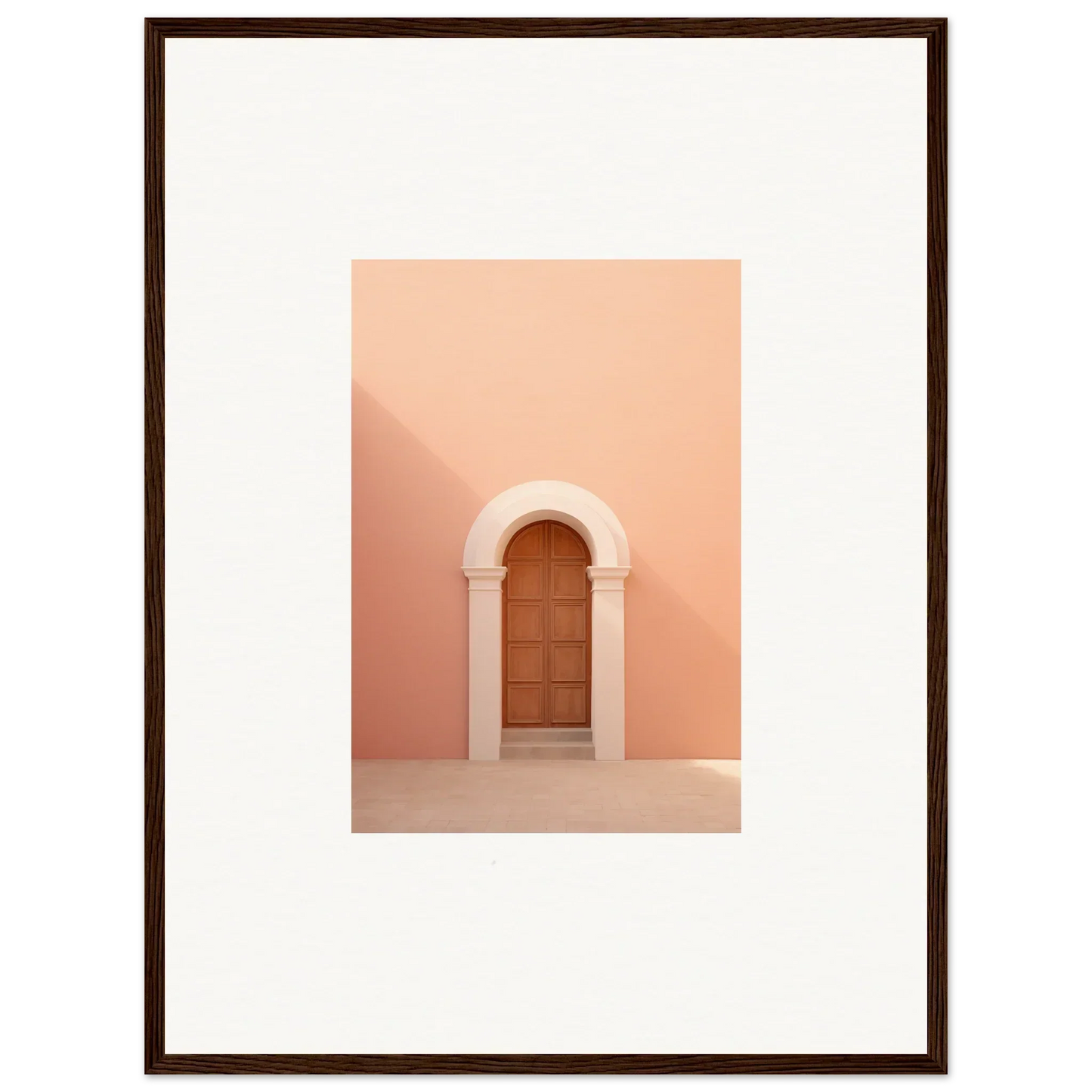 Wooden door in curved white arch against peachy-pink wall from Dream Portal Solace collection