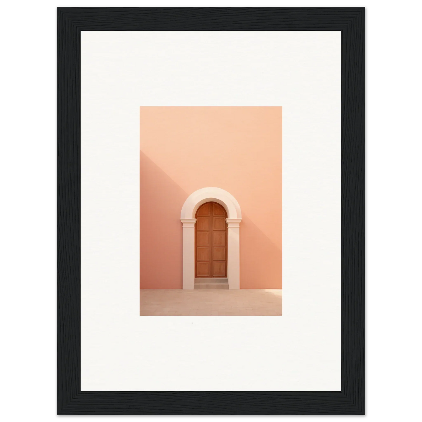 Wooden door in curved archway on peachy-pink wall from Dream Portal Solace collection