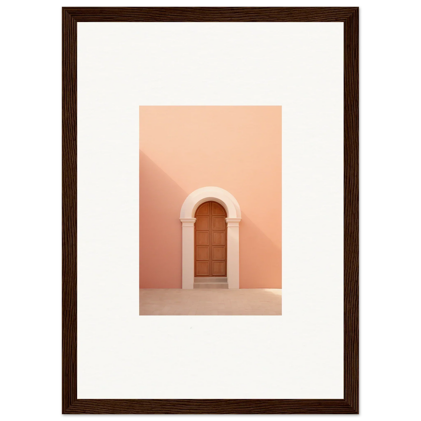 Wooden door in curved archway on peachy-pink wall, Dream Portal Solace framed wall art