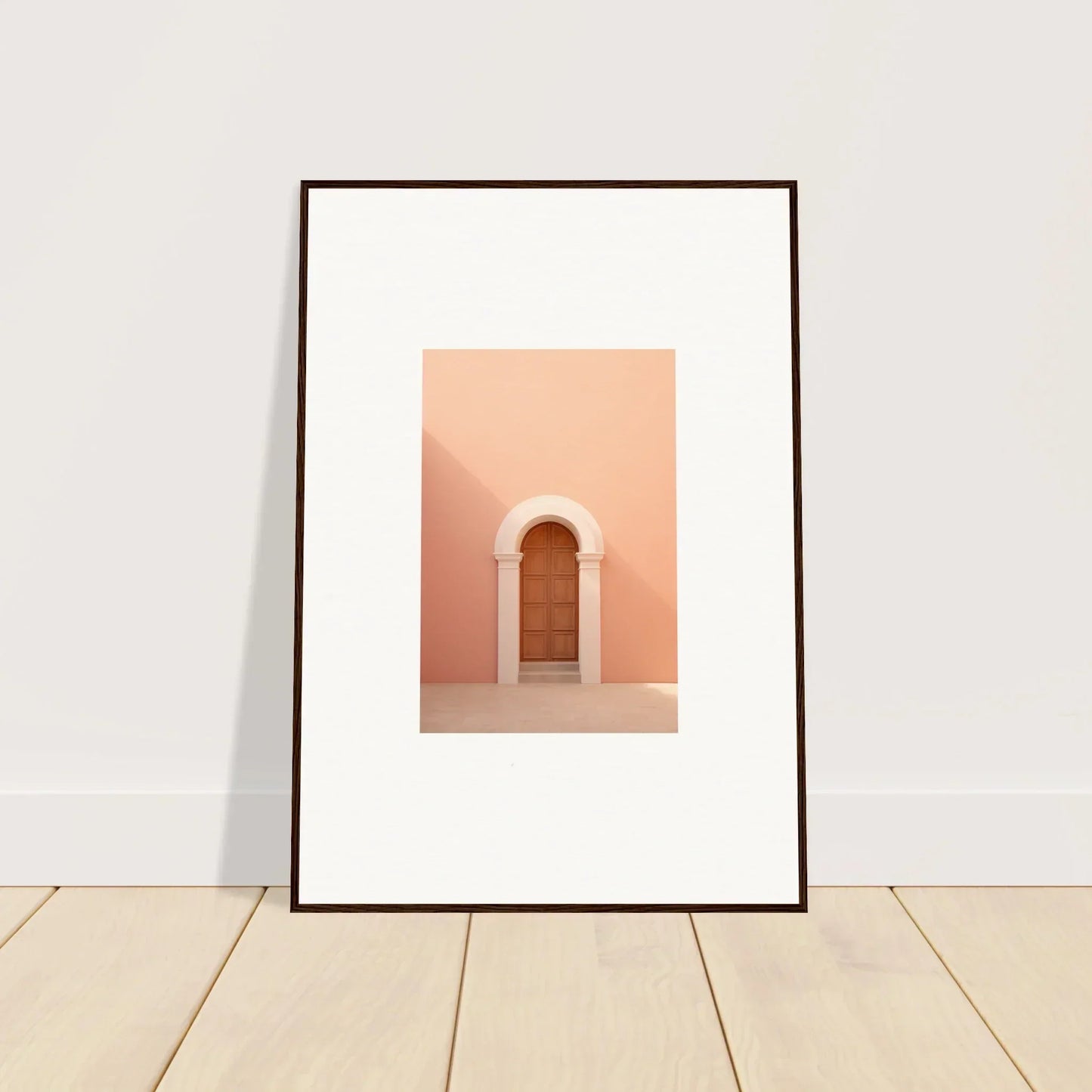 Framed wall art of a wooden door in a peach arched entryway for Dream Portal Solace